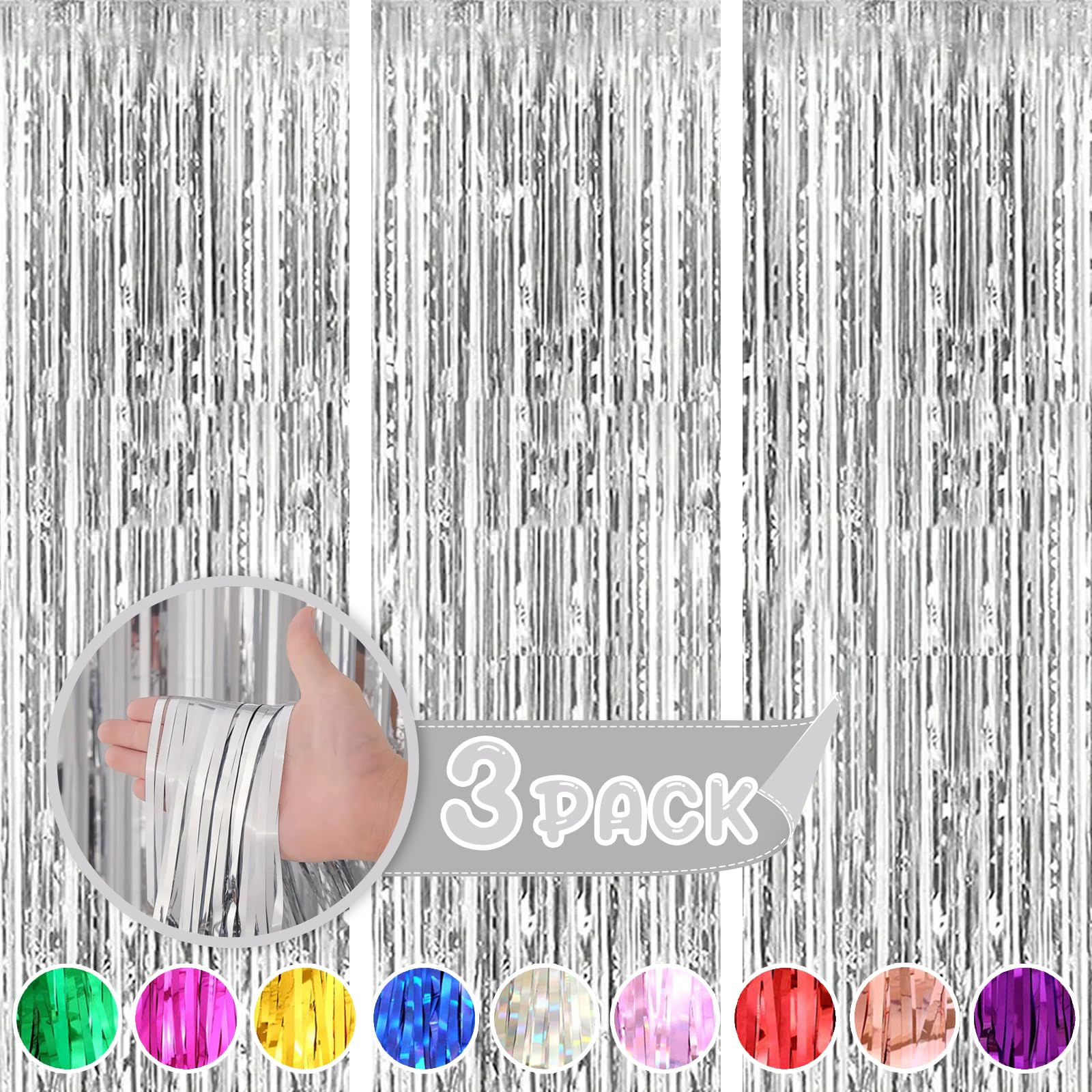 3 Pack 3.2ft x 8.2ft Silver Metallic Foil Fringe Curtains - Tinsel Streamers for Bachelorette Party, Birthday, Graduation & Baby Shower Decorations - Perfect for Photo Backdrops, Wall Decor & Event Styling