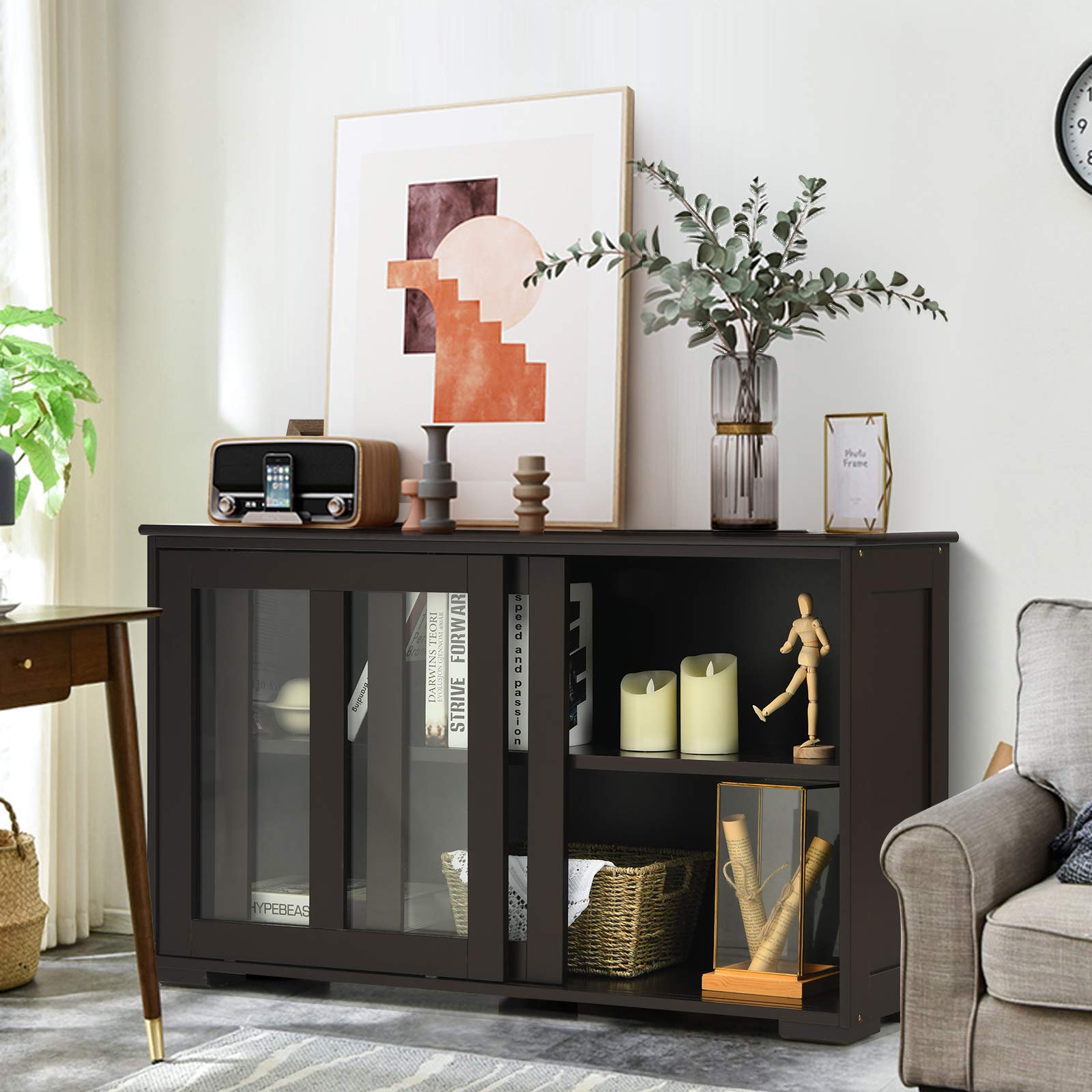 Costzon Wooden Sideboard Buffet Cabinet with Adjustable Shelf & Sliding Glass Doors - Kitchen Storage Cabinet, Coffee Bar Console Table for Living Room, Dining Room, Hallway - Perfect for Home Decor & Entertaining Guests