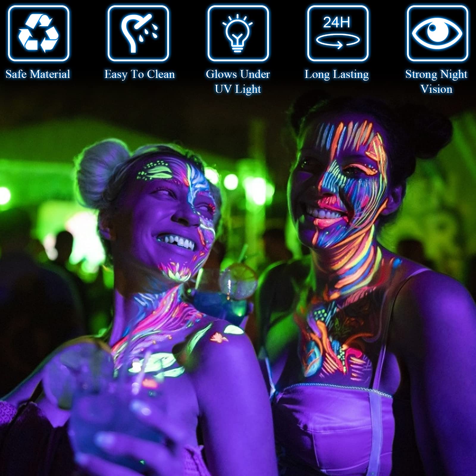 Blacklight Neon Face & Body Paint - 8 Tubes (0.34oz/10ml) Glow in The Dark, Fluorescent UV Party Makeup for Halloween, Raves & Festivals - Safe & Washable