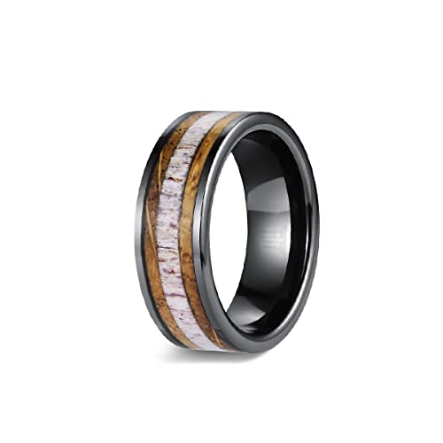 Black Tungsten Deer Antler Wedding Band for Men - 8mm Whiskey Barrel Wood Inlay Ring - Unique Bourbon Barrel Wood Anniversary Gift for Whisky Lovers & Hunters - Perfect for Weddings, Anniversaries & Outdoor Adventures