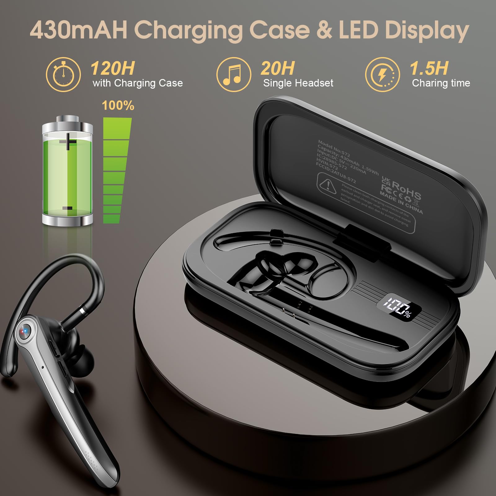 Wireless Bluetooth Headset with ENC Noise Canceling Mic - 120Hrs Talk Time, LED Display, IP7 Waterproof Single-Ear Headphones for Business/Trucker/Driver - Hands-Free Earphone for Calls & Driving (Black)