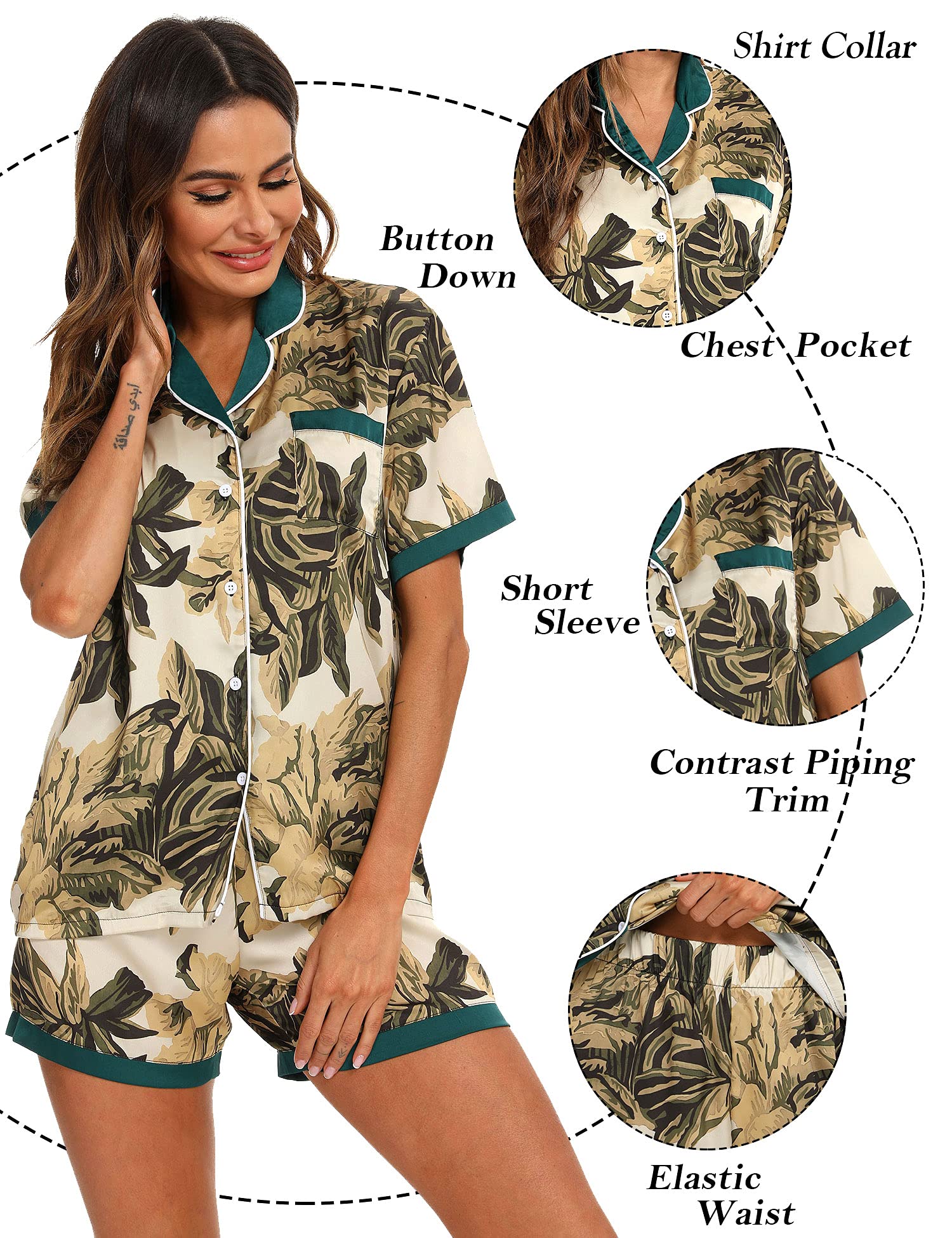 ENJOYNIGHT Women's Silk Satin Pajama Set - Short Sleeve Button Down Sleepwear & Lounge PJS for Comfortable Nightwear, Loungewear, and Gift Giving