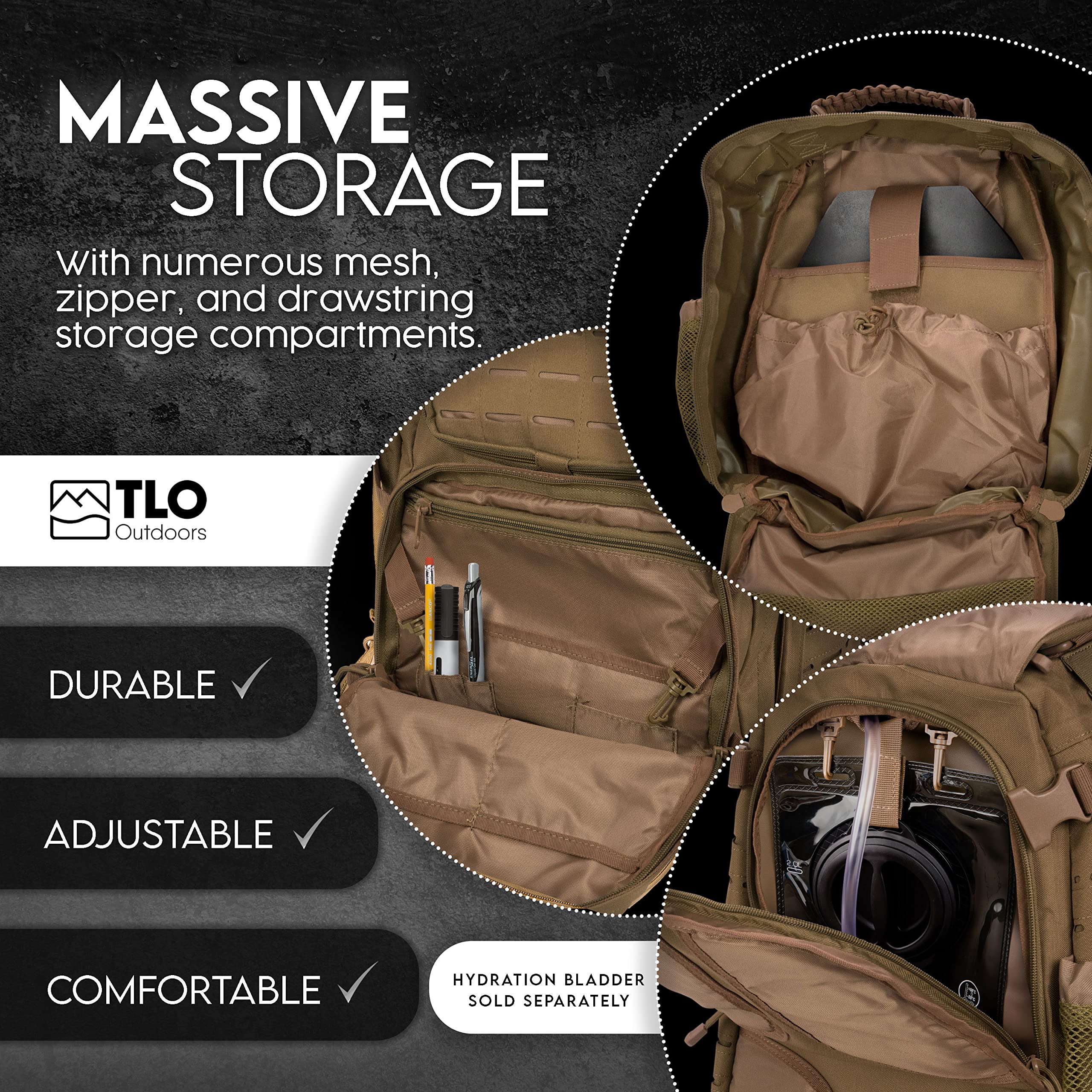 TLO Outdoors TacPack40L 40L Water Resistant Tactical Backpack - Durable Military Daypack, Hiking Rucksack, Travel Gear Bag & Laptop Backpack for Outdoor Adventures, Camping and Daily Commute