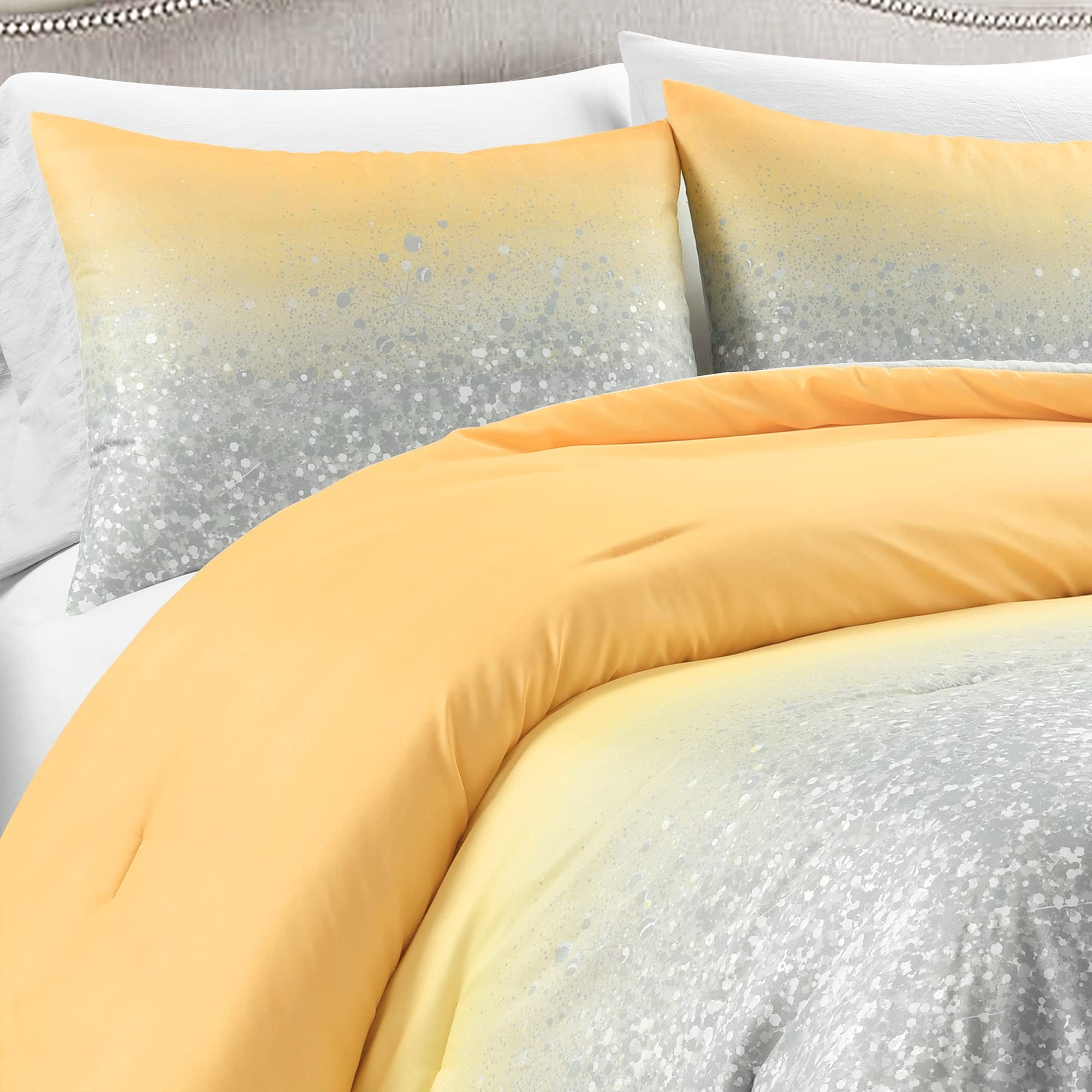 Lush Decor Glitter Ombre Metallic Print 2-Piece Twin Comforter Set - Yellow & Gray | Soft & Stylish Bedding for Kids' Rooms, Dorms & Guest Bedrooms