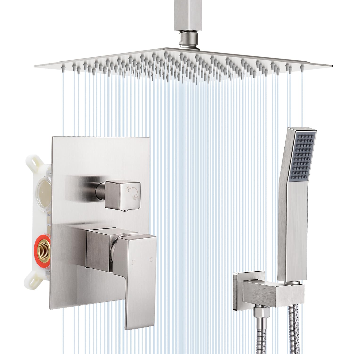 10 Inch Ceiling Mount Square Rainfall Shower System - SUS304 Stainless Steel Shower Faucet Set with Brush Nickel Finish for Modern Bathroom | Perfect for Spa-Like Shower Experience and Luxury Home Upgrade