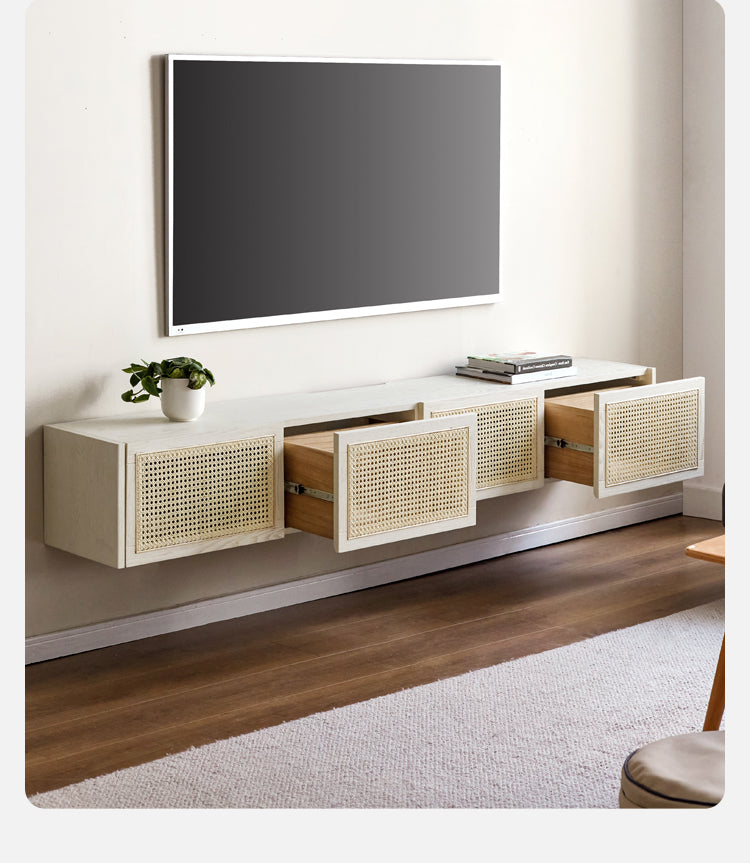 Solid Oak Wood Rattan TV Stand with LED Lights - Modern Cream Style Entertainment Center for Living Room, Bedroom & Home Theater