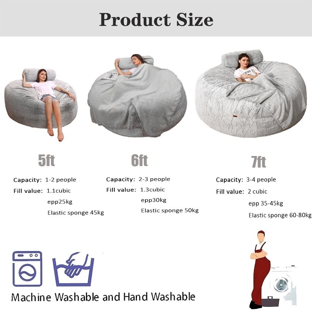 7ft Giant Fur Bean Bag Chair - Soft Fluffy Portable Lounger for Living Room, Bedroom & Dorm | No Filler Storage Cover | Perfect for Relaxing, Gaming & Movie Nights