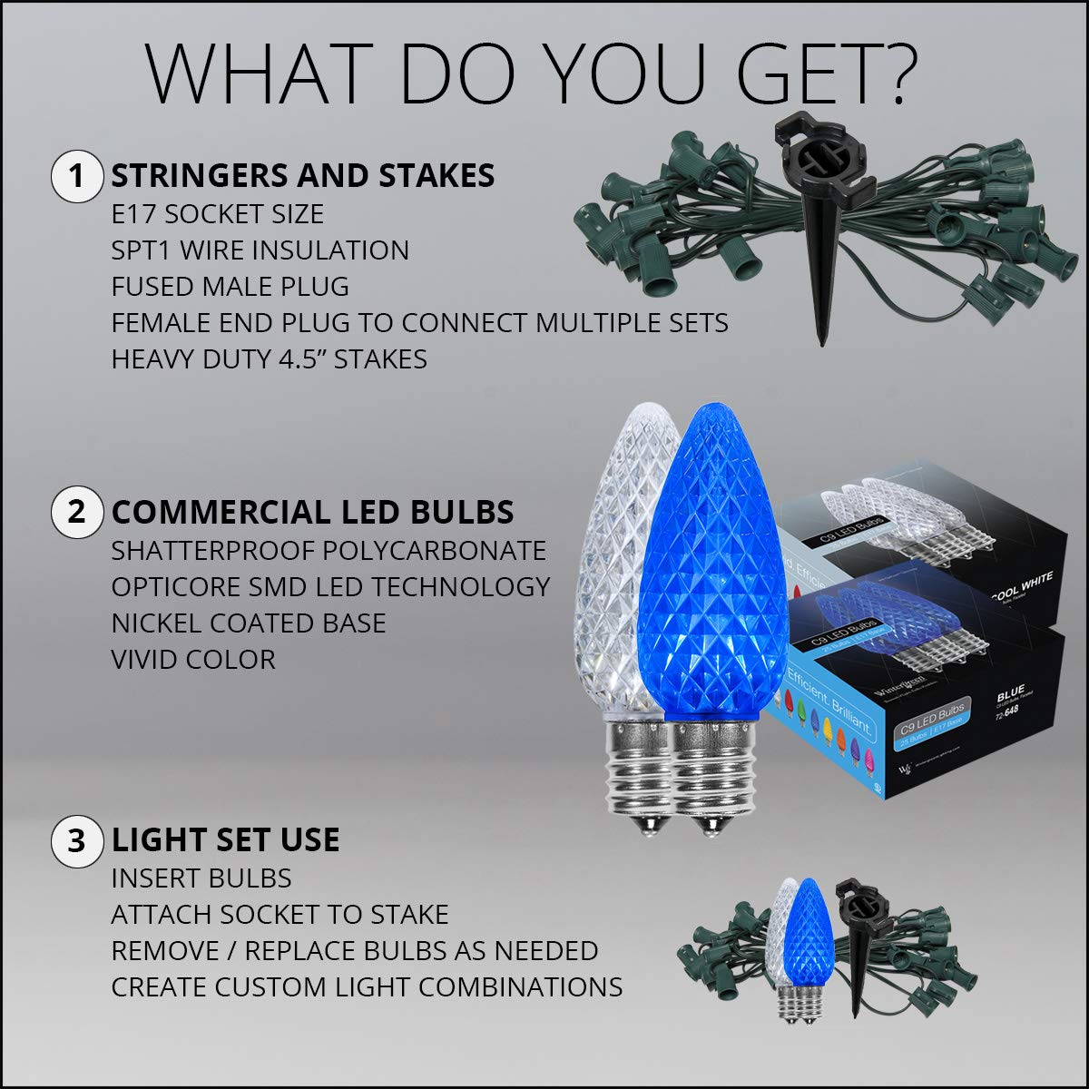 Wintergreen Lighting 50ft OptiCore LED Blue & White C9 Outdoor Christmas Pathway Lights - 4.5ft Stakes, Green Wire Plug String Lights - Perfect for Holiday Decor, Garden, Patio & Walkway Lighting