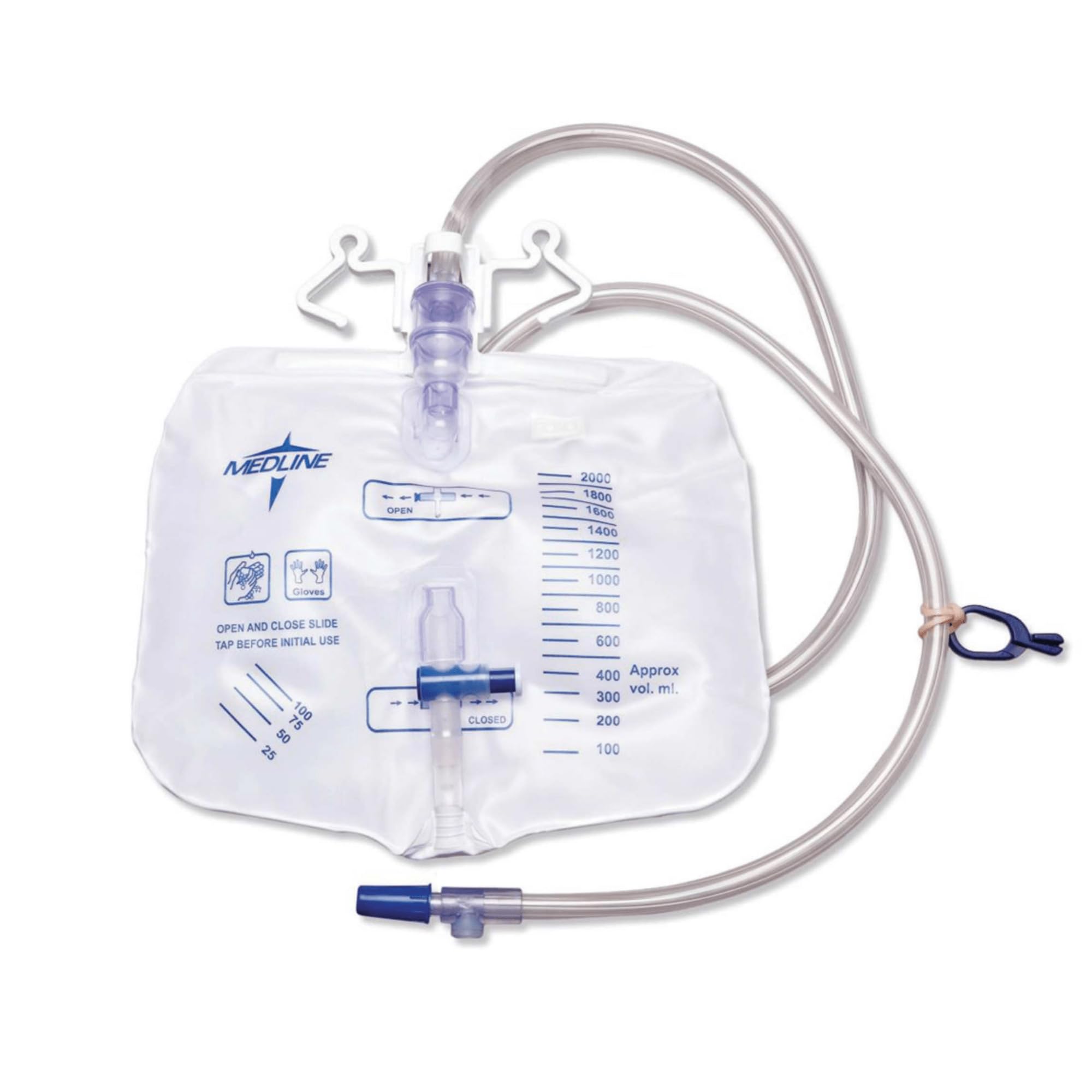 Medline Urology Drainage Bags with Metal Port - 2000mL Clear Urinary Collection Bags (Pack of 20) - Ideal for Post-Surgery, Hospital Use & Home Healthcare