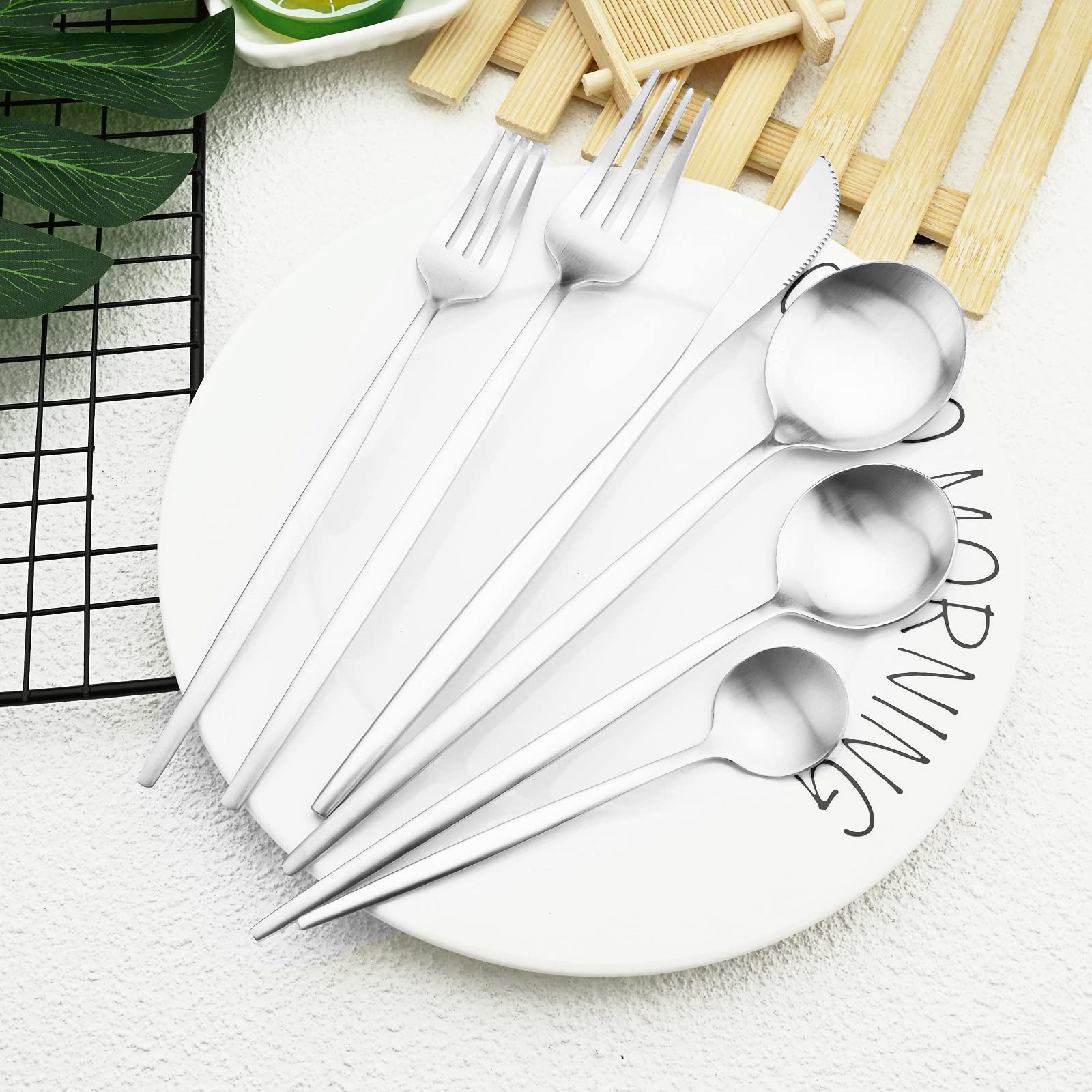 36-Piece Matte Silver Flatware Set - Stainless Steel Satin Finish Silverware with Flat Handle, Service for 6 (Includes Coffee Spoon) - Perfect for Dining, Entertaining & Kitchen Essentials