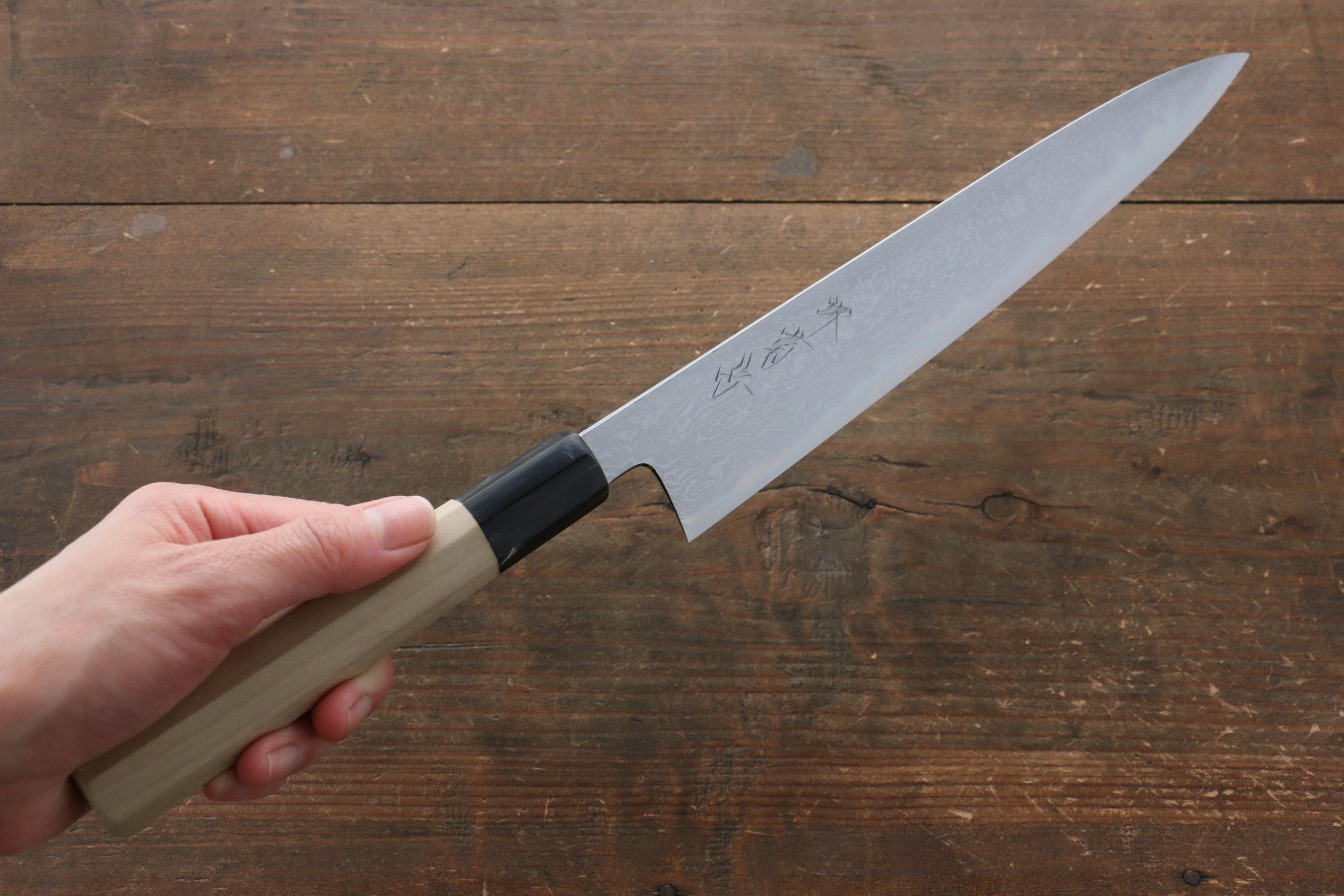 Premium Kikumori Blue Steel No.1 Damascus Sujihiki Knife 240mm - Japanese Chef Knife with Magnolia Wood Handle - Perfect for Slicing Sashimi, Meat & Sushi Preparation