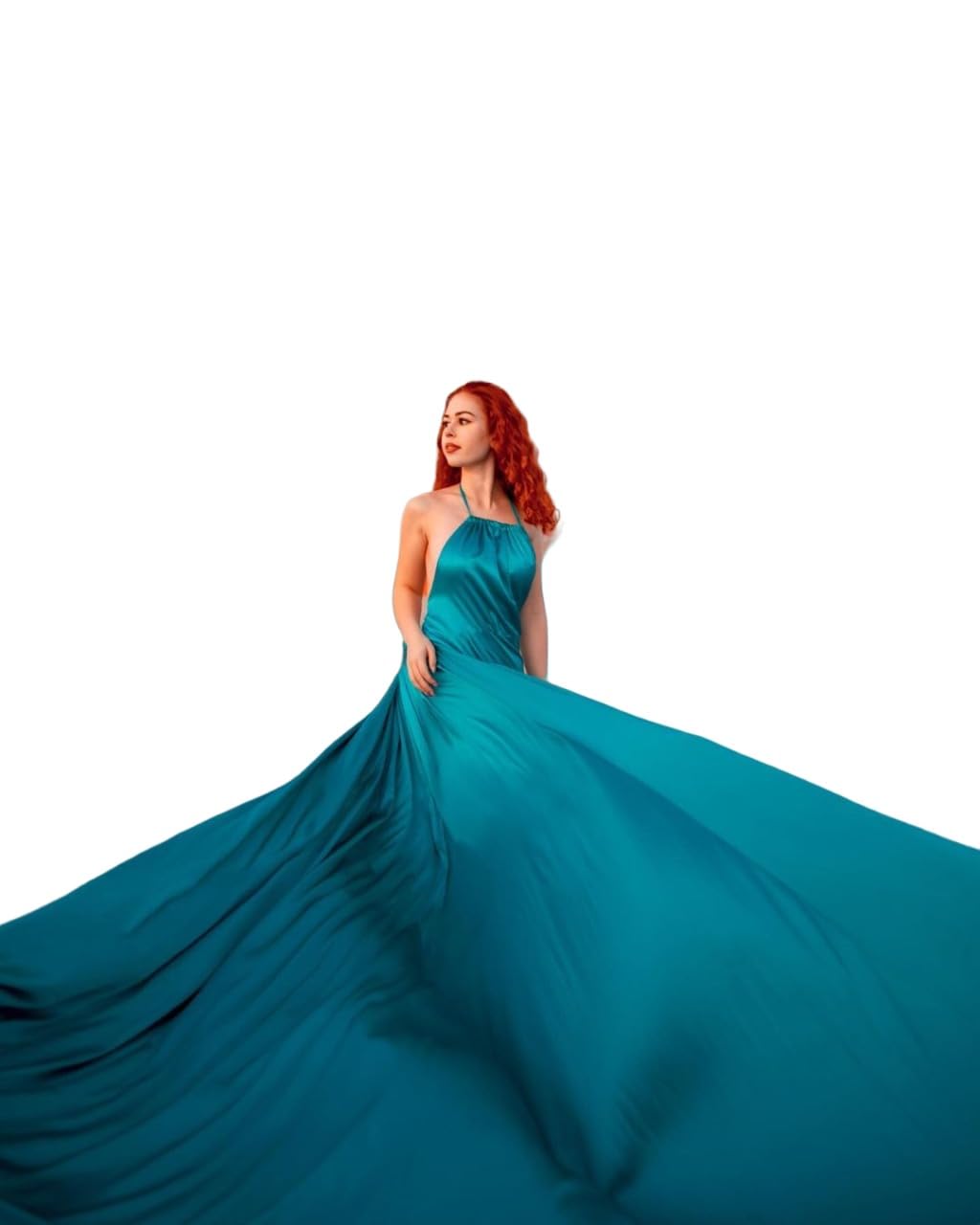 Turquoise Halter Neck Maxi Dress with Long Train - Elegant Satin Flowy Dress for Women | Perfect for Photoshoots, Santorini Vacations & Beach Weddings