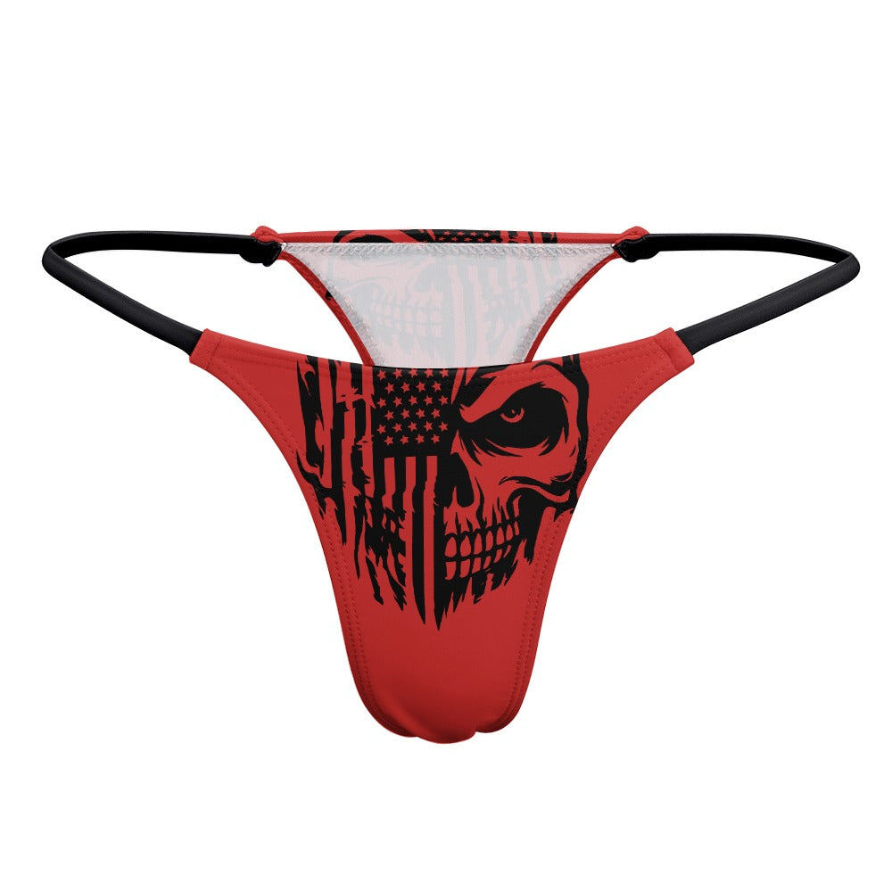 American Flag Skull Print Thin Thong - Sexy Patriotic Underwear for Women, Perfect for 4th of July, Halloween, and Biker Events