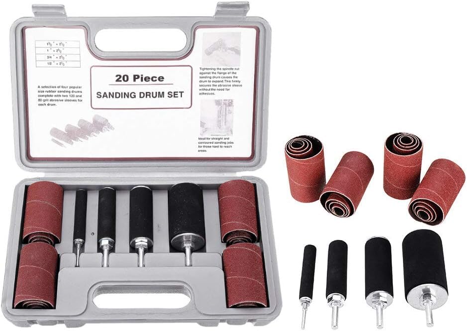 20Pcs Sanding Drum Kit with 80/120 Grit Abrasive Sleeves - Rubber Mandrels for Drill Press - Woodworking Sanding Tools for Smoothing & Polishing Wood, Metal & Plastic Surfaces