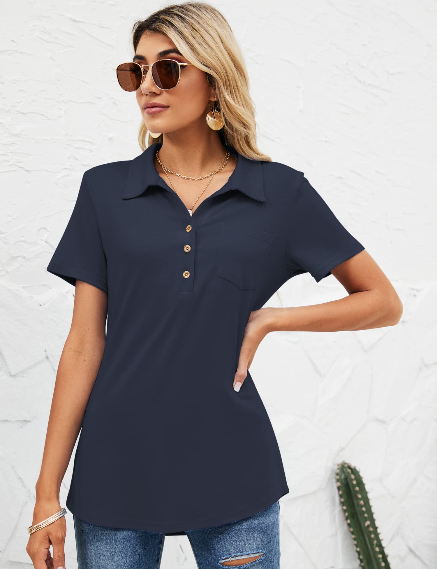TFSDOD Women's Short Sleeve Polo Shirt - V-Neck Business Casual Button Down Tunic with Pocket for Office Work & Professional Wear | Perfect for Business Meetings, Office Outfits & Smart Casual Occasions