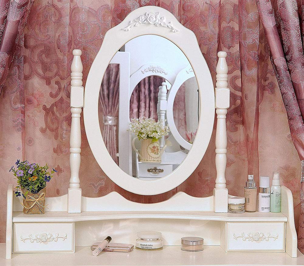 Modern 4-Drawer Makeup Vanity Table with 360° Rotating Mirror - White Dresser with Removable Mirror & Storage Drawers - Perfect for Bedroom, Dressing Room & Beauty Salon Organization