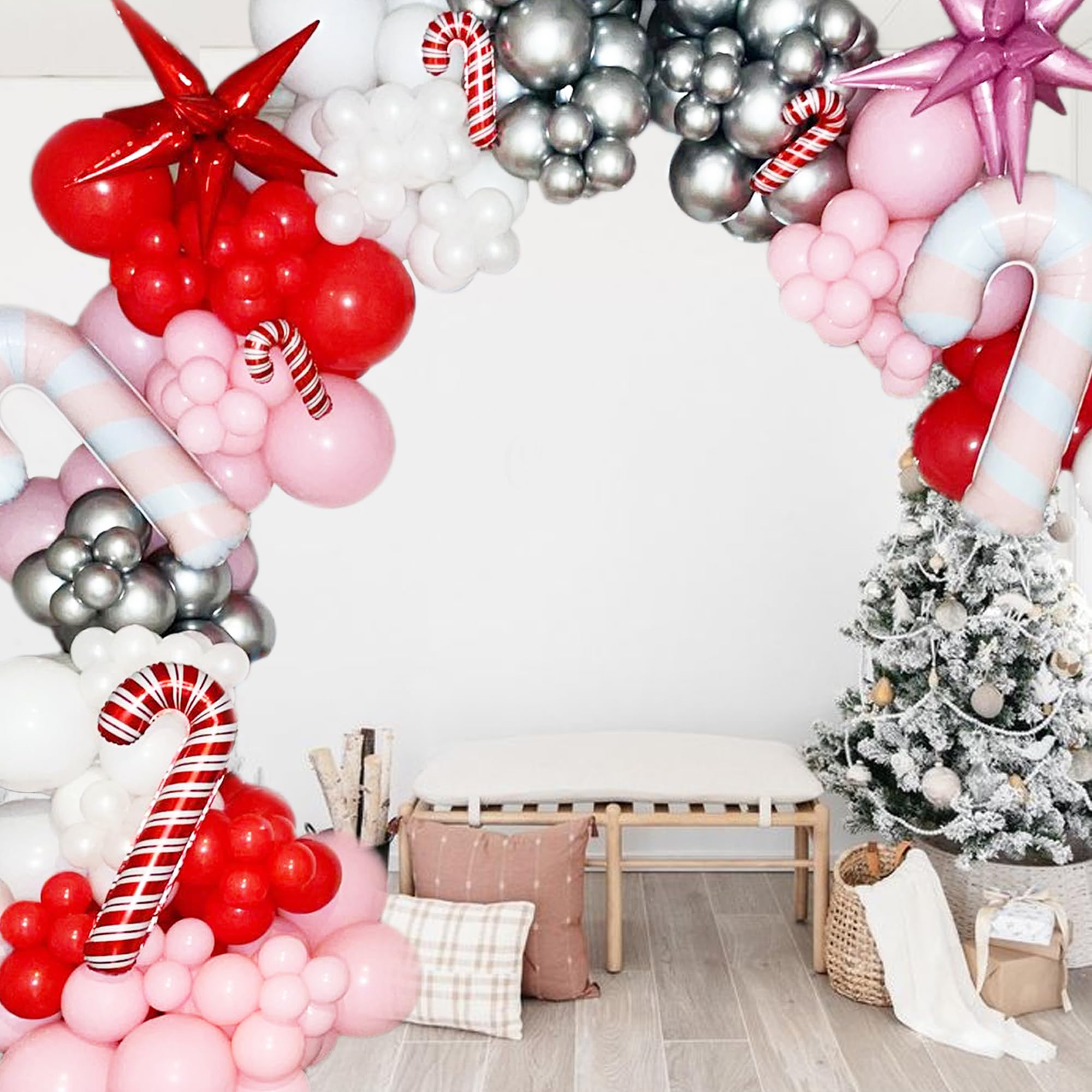 181Pcs Christmas Balloons Garland Kit - White, Silver, Red & Pink Candy Foil Balloons with Star Explosion Balloons for Xmas, Birthday, New Year Party Decorations | Perfect for Holiday Home Decor, Wedding Backdrops & Festive Celebrations
