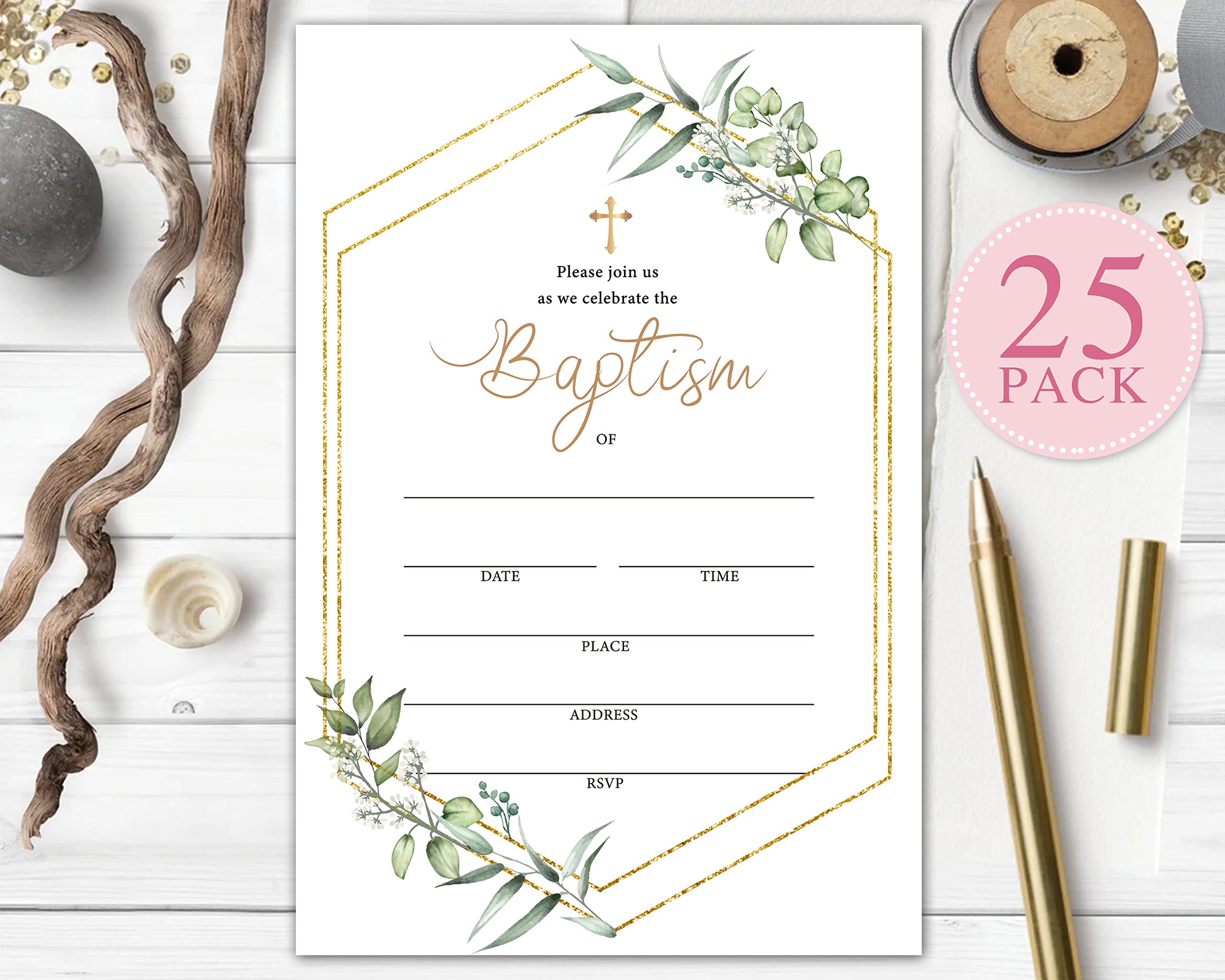 Elegant Watercolor Greenery Floral Baptism Invitation Cards with Envelopes - Set of 25 for Christening, Baby Dedication & Religious Celebrations - Perfect for Church Events, Baby Showers & Family Gatherings (A03)