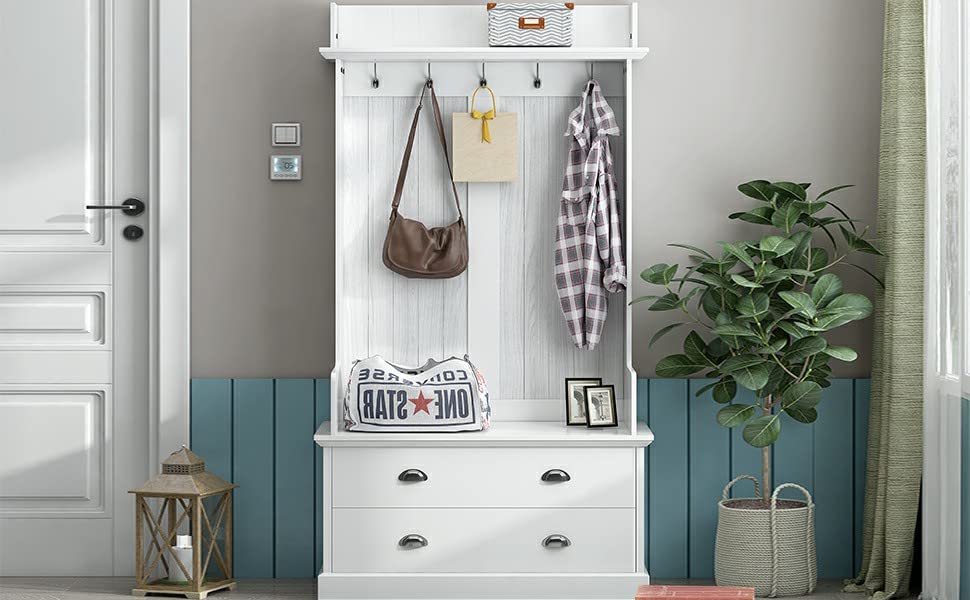 White Wooden Hall Tree & Shoe Storage Bench with Cubbies - Double Hook Coat Rack for Mudroom, Entryway Organization - Perfect for Small Spaces, Apartments & Home Entry Storage (WF286982AAK-White)