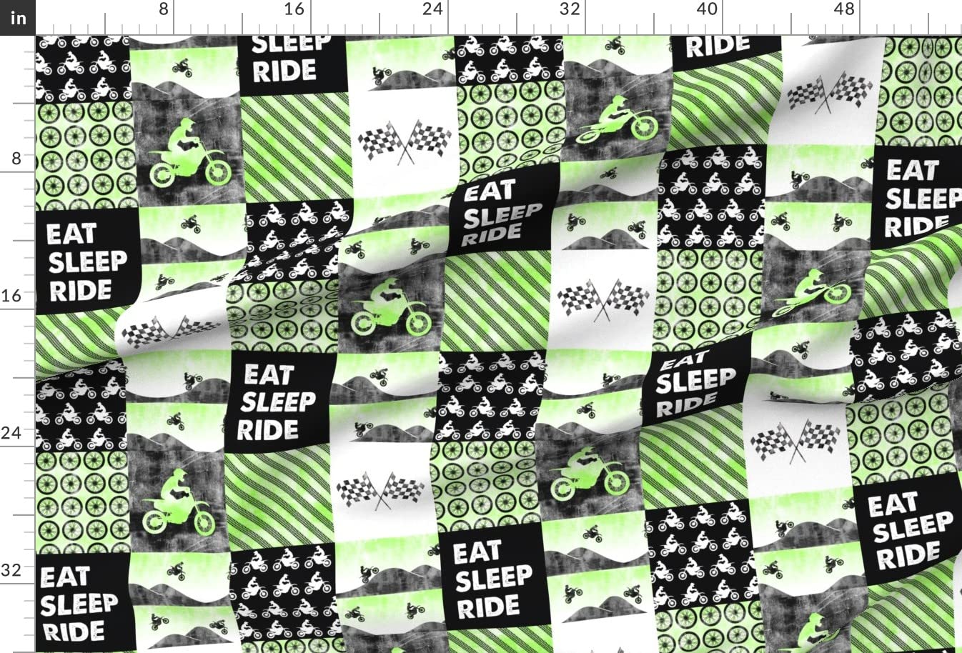 Green Motorcycle Patchwork Cheater Quilt Fabric - Motocross Dirt Bike Eat Sleep Printed on Soft Minky Fabric by The Yard - Perfect for Sewing Baby Blankets, Quilt Backing & Plush Projects - Ideal for Nursery Decor, DIY Crafts & Home Decor