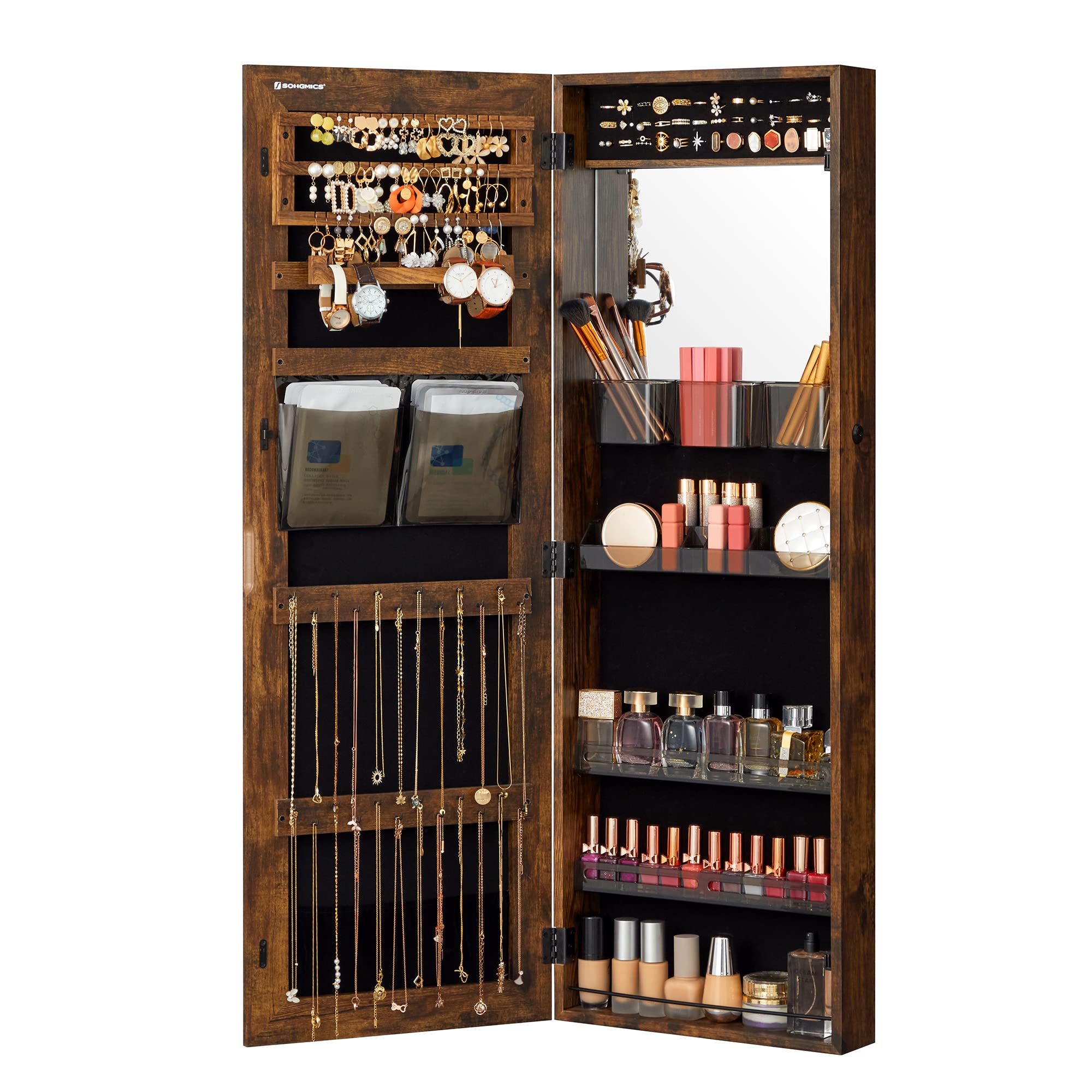 SONGMICS Jewelry Cabinet Armoire with Full-Length Mirror - Wall or Door Mount Jewelry Organizer with Lock, Shelves & Built-in Small Mirror - Rustic Brown UJJC003X01 - Perfect for Bedroom, Closet & Gift Giving