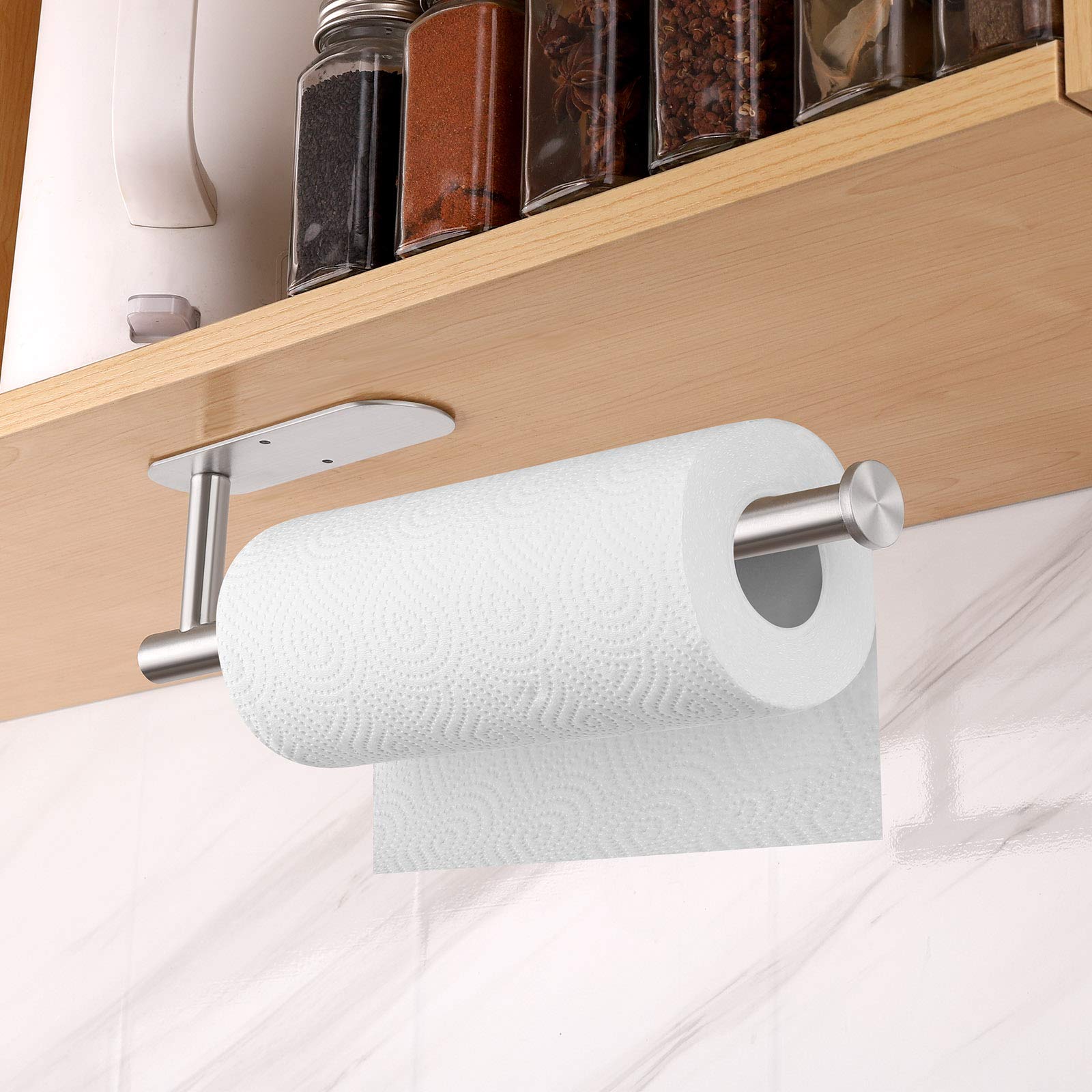 Stainless Steel Under Cabinet Paper Towel Holder - Self Adhesive or Drill Mount, SUS304 Silver Wall Mounted Kitchen Towel Rack for Pantry, Sink & Bathroom | Space Saving Solution for Easy Access to Paper Towels While Cooking & Cleaning