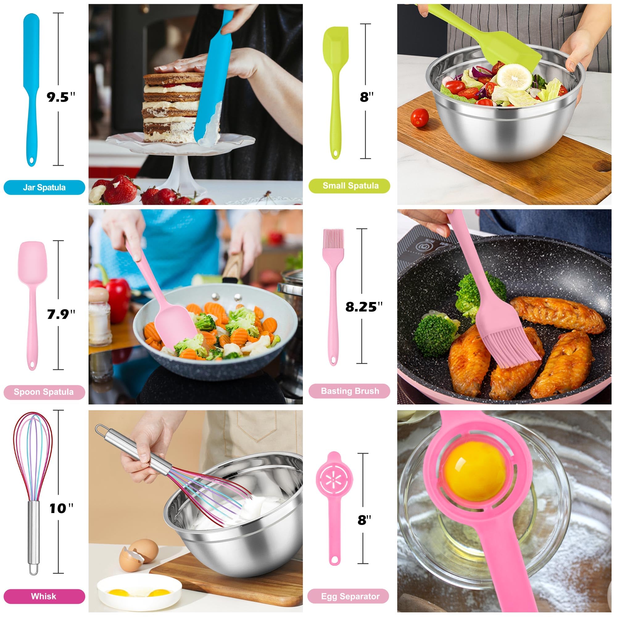 **TeamFar 7-Piece Stainless Steel Mixing Bowls Set with Lids & 16 Kitchen Utensils - Nesting Bowls (7QT, 4.5QT, 3QT, 2.5QT, 1.5QT, 1.2QT, 0.7QT) - Colorful for Baking, Cooking, Meal Prep & Serving**