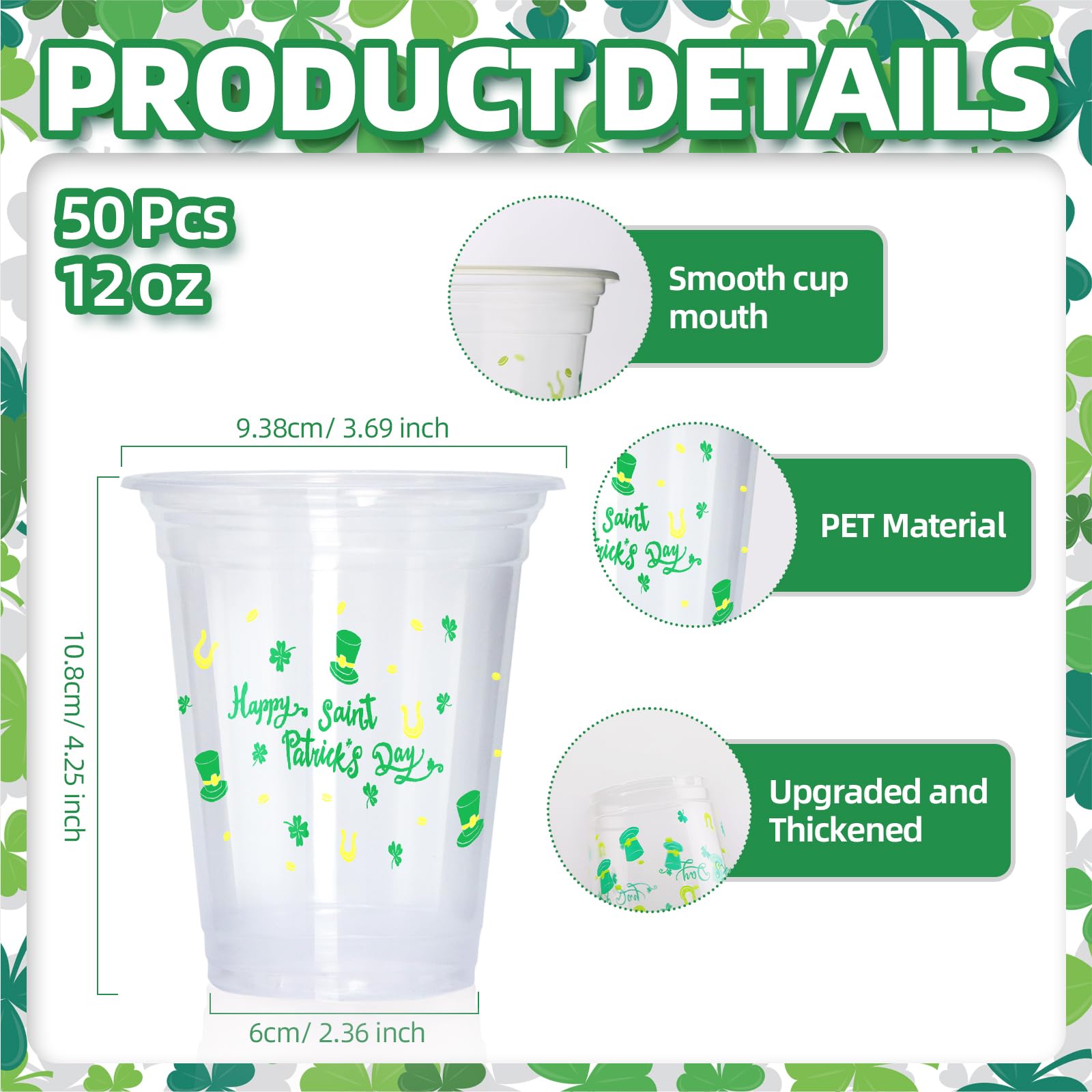50 Pcs 12 oz St. Patrick's Day Plastic Cups - Irish Themed Disposable Green Shamrock Clear Beverage Cups for St. Patrick's Day Party Supplies & Decorations | Perfect for Irish Themed Parties, Parades, and Pub Events