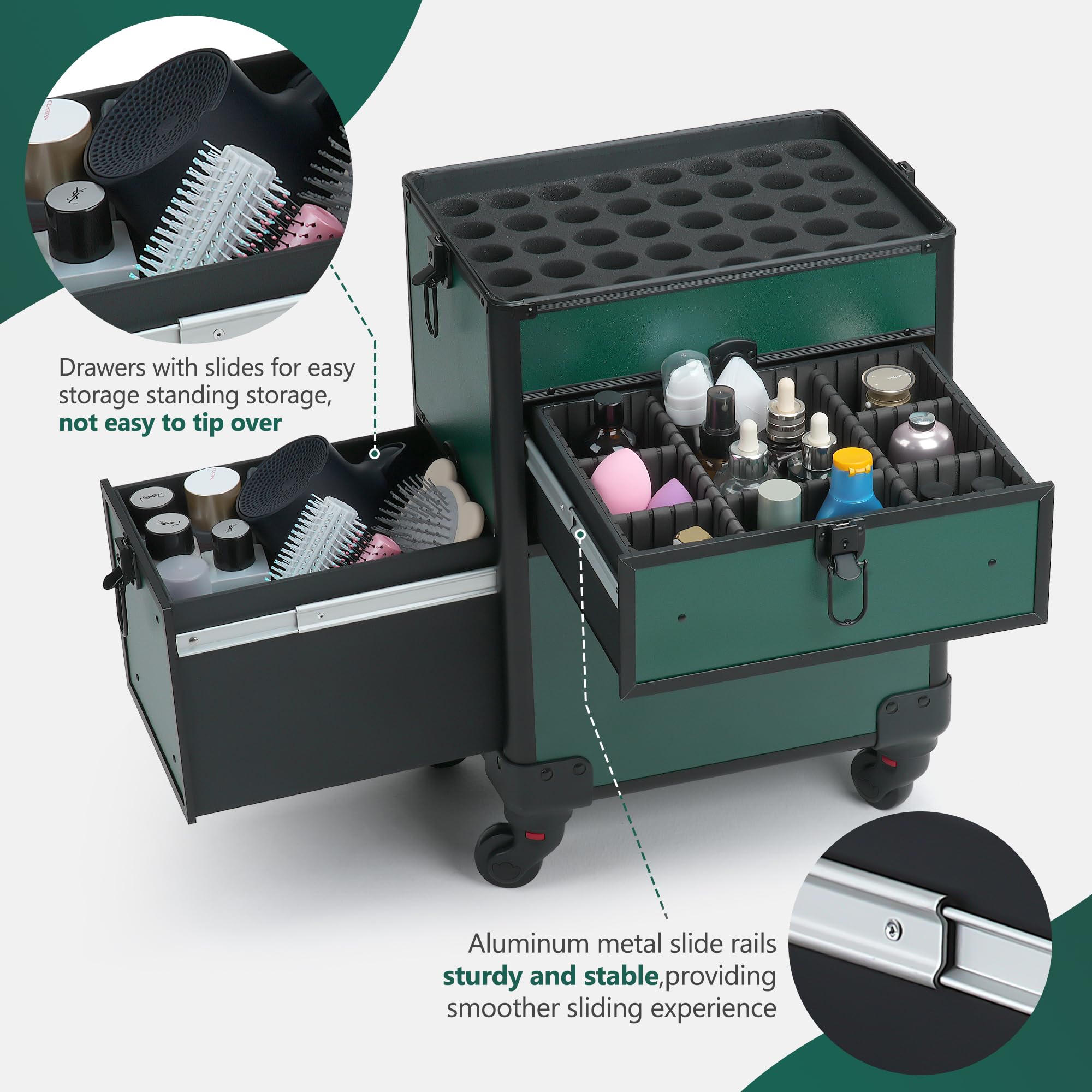 Professional Rolling Makeup Case with Drawer - 4-in-1 Cosmetic Train Case on Wheels for Salon & Barber | Large Makeup Organizer Storage | Perfect Christmas Gift for Makeup Artists (Green) | Ideal for Travel, Salon Work & Professional Cosmetology