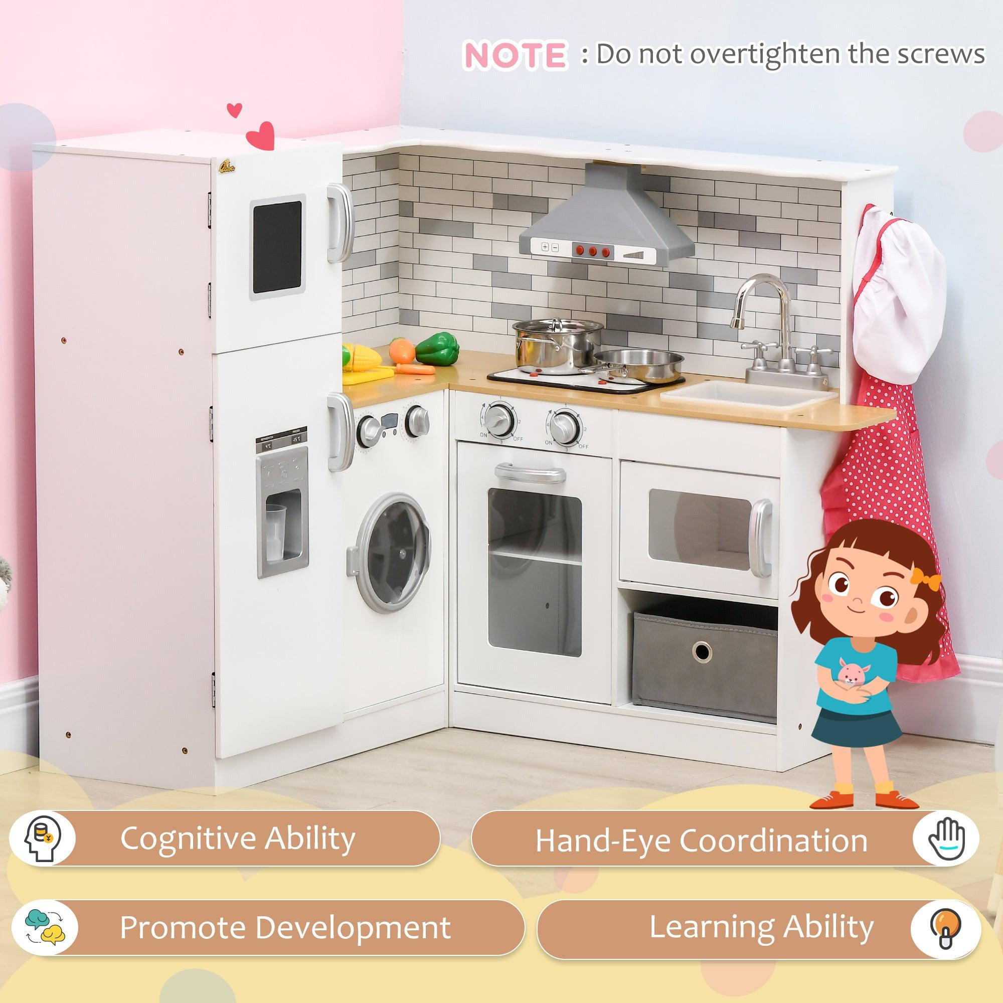 **Large Wooden Play Kitchen Set for Kids Ages 3-6 – Interactive Corner Kitchen with Sound Effects, Spacious Countertop, Washing Machine, Food Toys & Ice Maker – Perfect for Pretend Play, Birthday Gifts & Daycare Fun (White)**