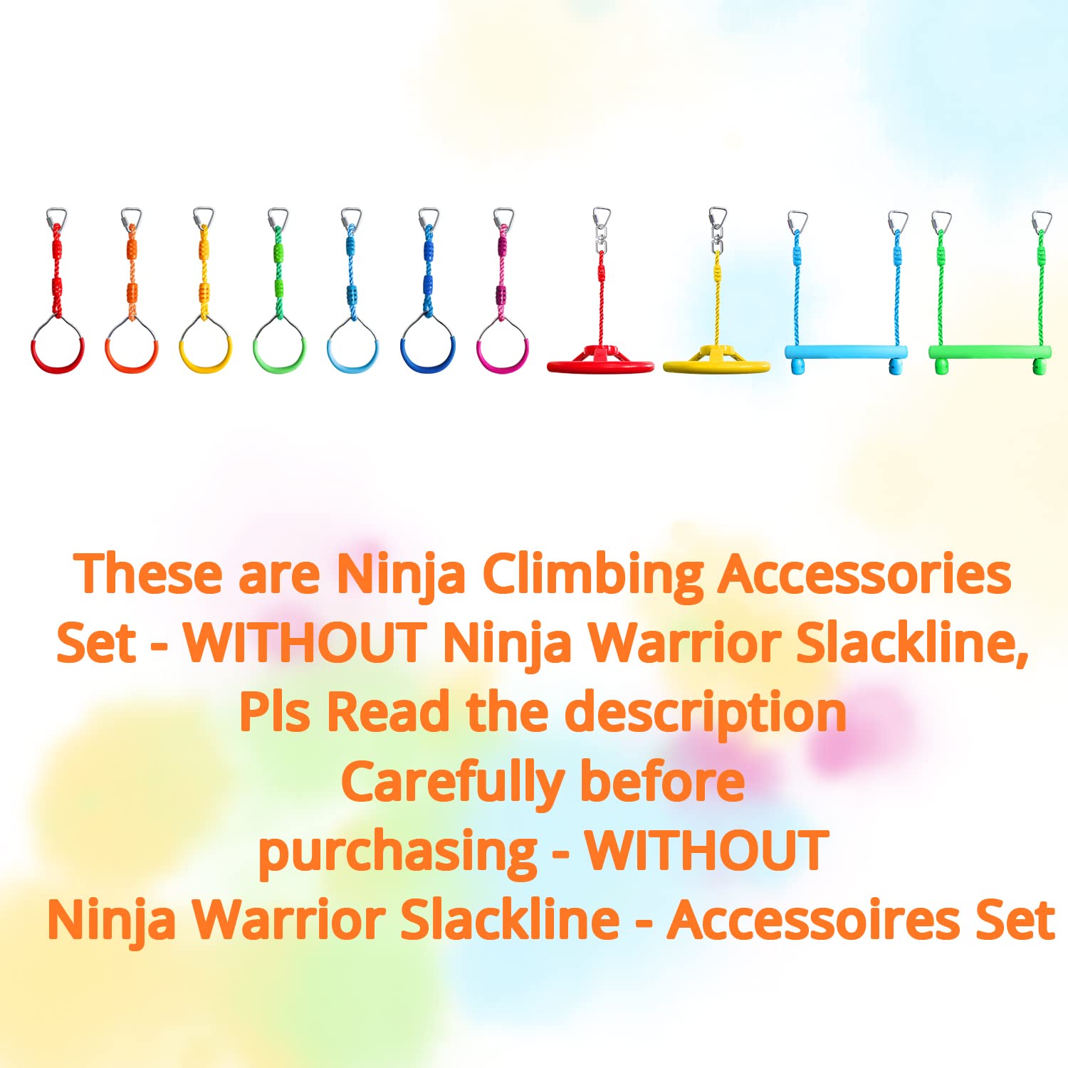 Ninja Warrior Obstacle Course Kit for Kids - 7pc Rings, 2pc Swing Trapeze Wheels & 2pc Monkey Bars | Outdoor Play Equipment for Backyard, Park & Playground Training