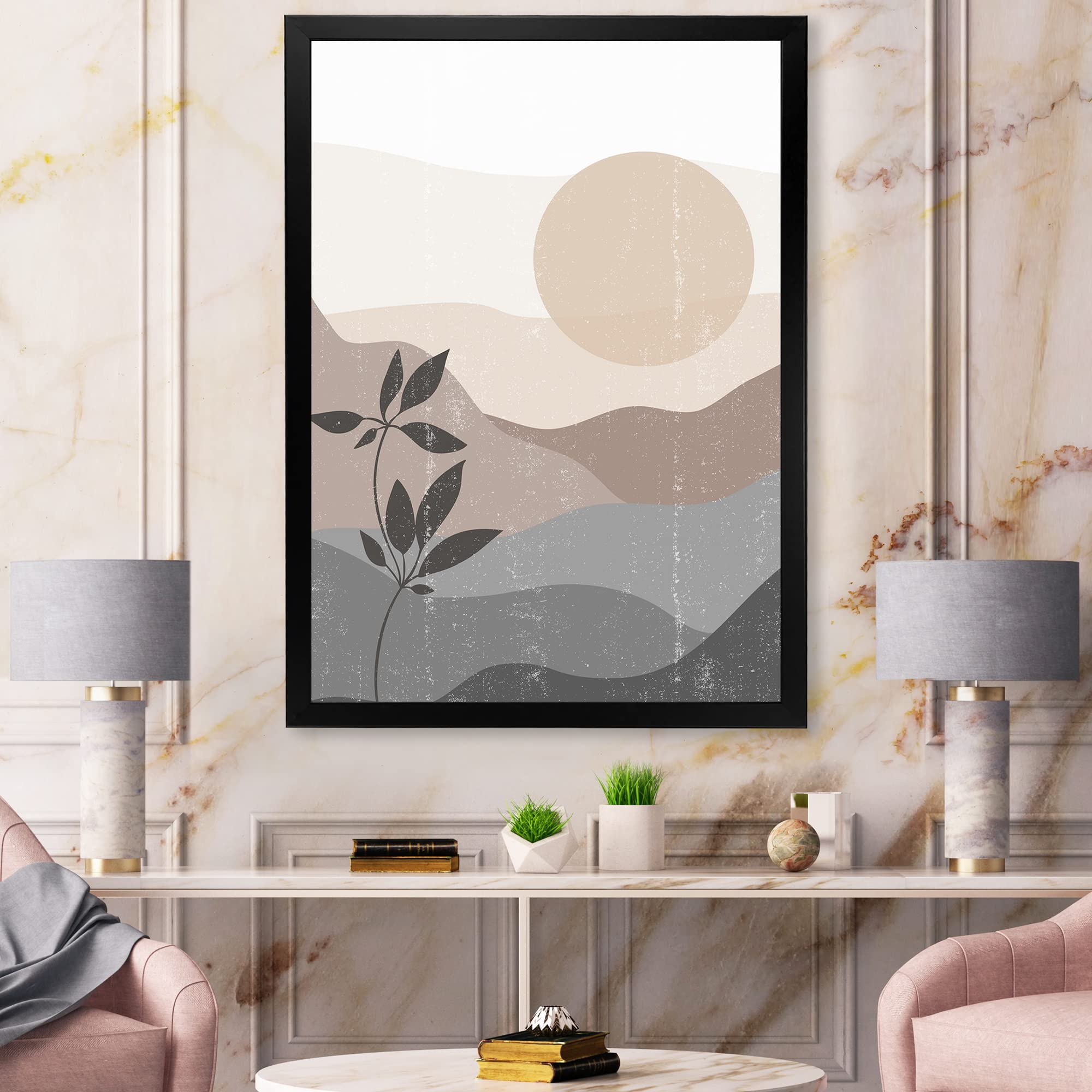 Minimalist Mountain Landscape Sunset Painting - Modern Framed Wall Art Decor for Living Room, Bedroom & Office