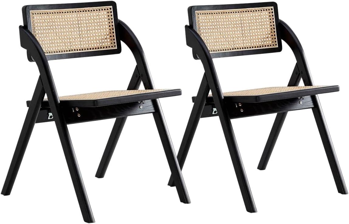 Manhattan Comfort Lambinet Folding Rattan Wicker Cane Side Chair - Set of 2 Black/Natural Outdoor Dining Chairs for Patio, Restaurant, Bistro, Cafe | Perfect for Al Fresco Dining, Backyard Gatherings & Commercial Use