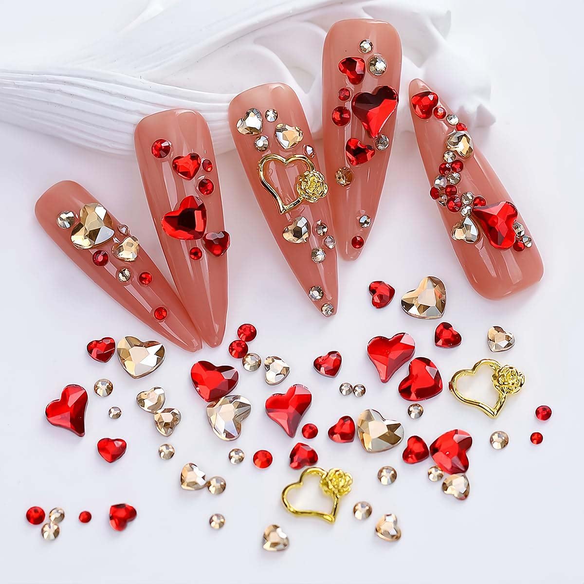 3D Red Heart Nail Charms - Valentine's Day Nail Art Decorations with Shiny Rhinestones | Flatback Gems for DIY Nail Design, Manicure Accessories & Craft Jewelry | Perfect for Valentine's Gifts, Bridal Nails, Party Manicures and Special Occasions