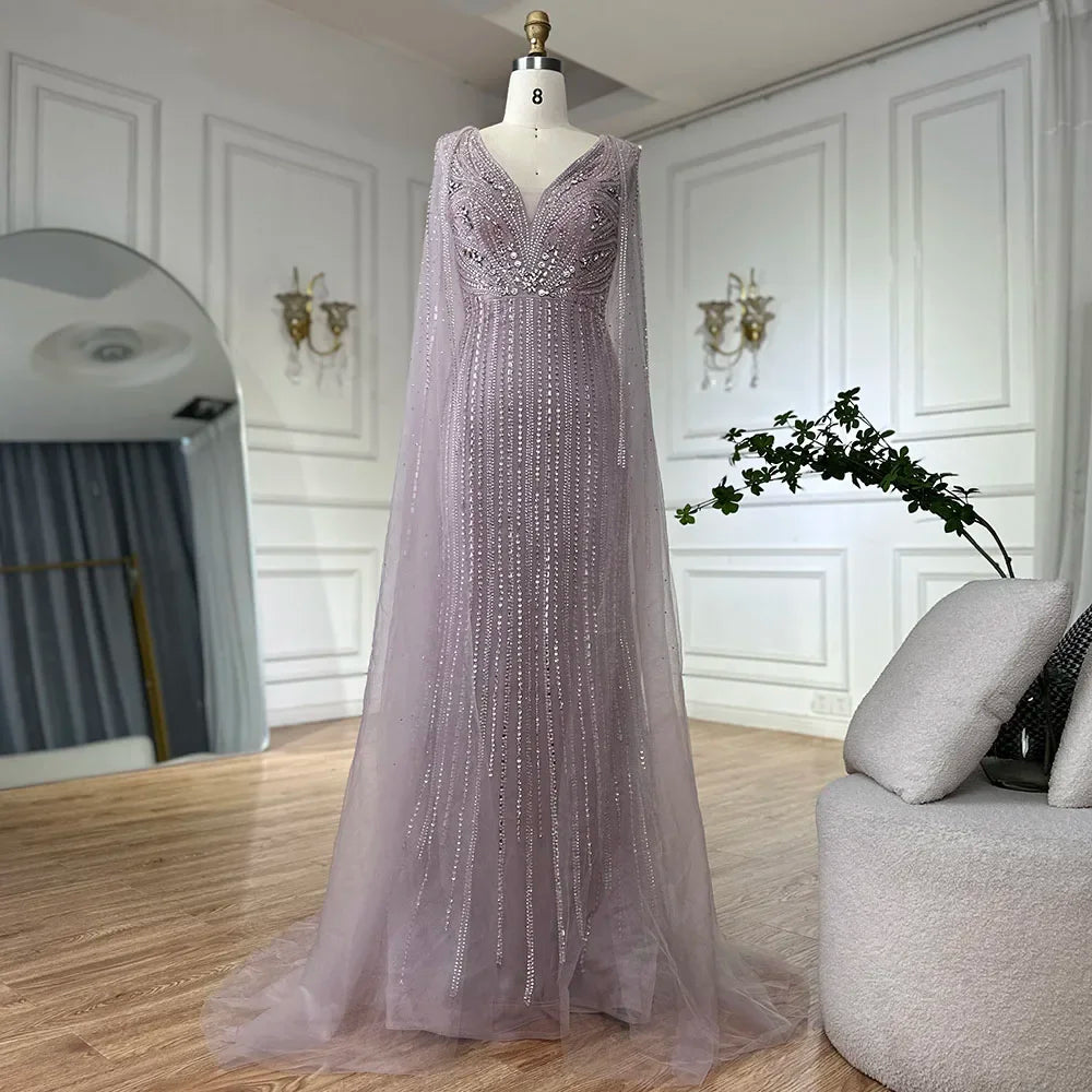 Luxury Dubai Pink Cape Sleeves Beaded Evening Dress for Women - Elegant Wedding Party Gown LA72864 | Perfect for Red Carpet Events, Galas & Formal Occasions