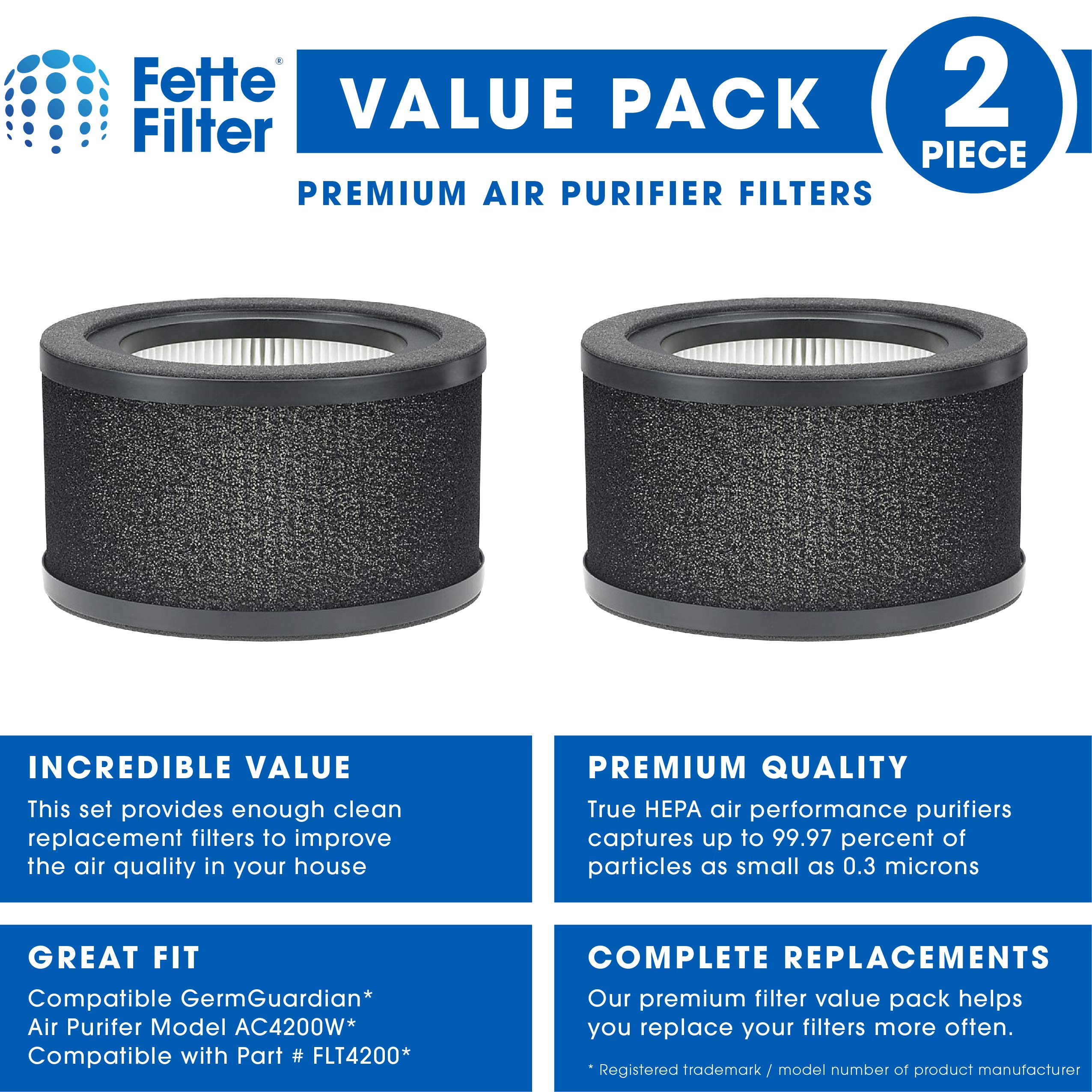 2-Pack Fette True HEPA Replacement Air Purifier Filters with Pre-Filter Layer - Compatible with GermGuardian AC4200W & FLT4200 Models - Ideal for Bedrooms, Offices & Allergy Relief