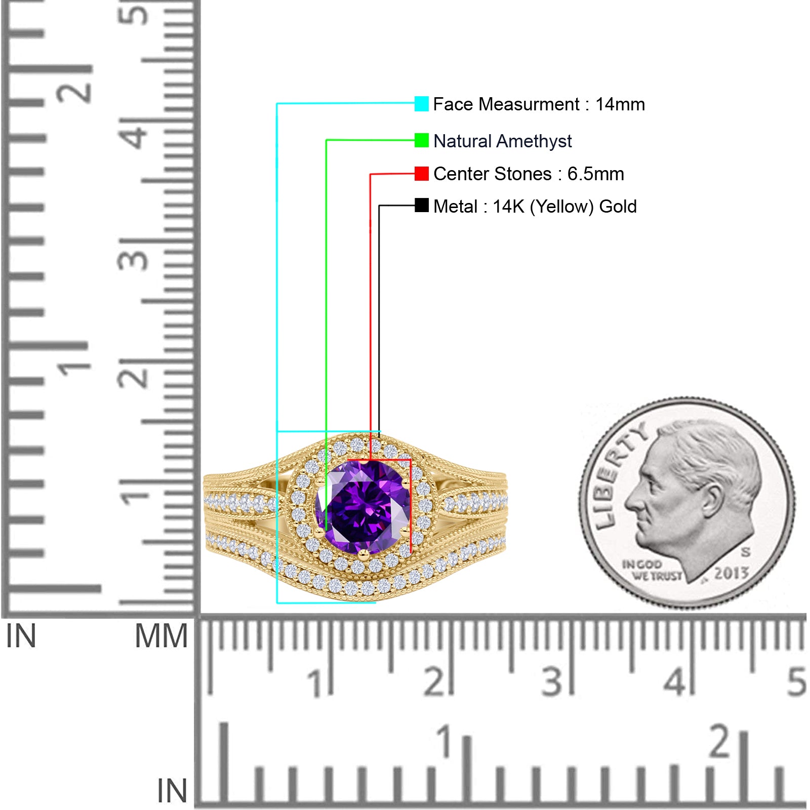 14K Yellow Gold Two-Piece Round Halo Split Shank Curved Contour Band Natural Amethyst Ring for Women - Elegant Wedding, Engagement & Anniversary Jewelry Gift