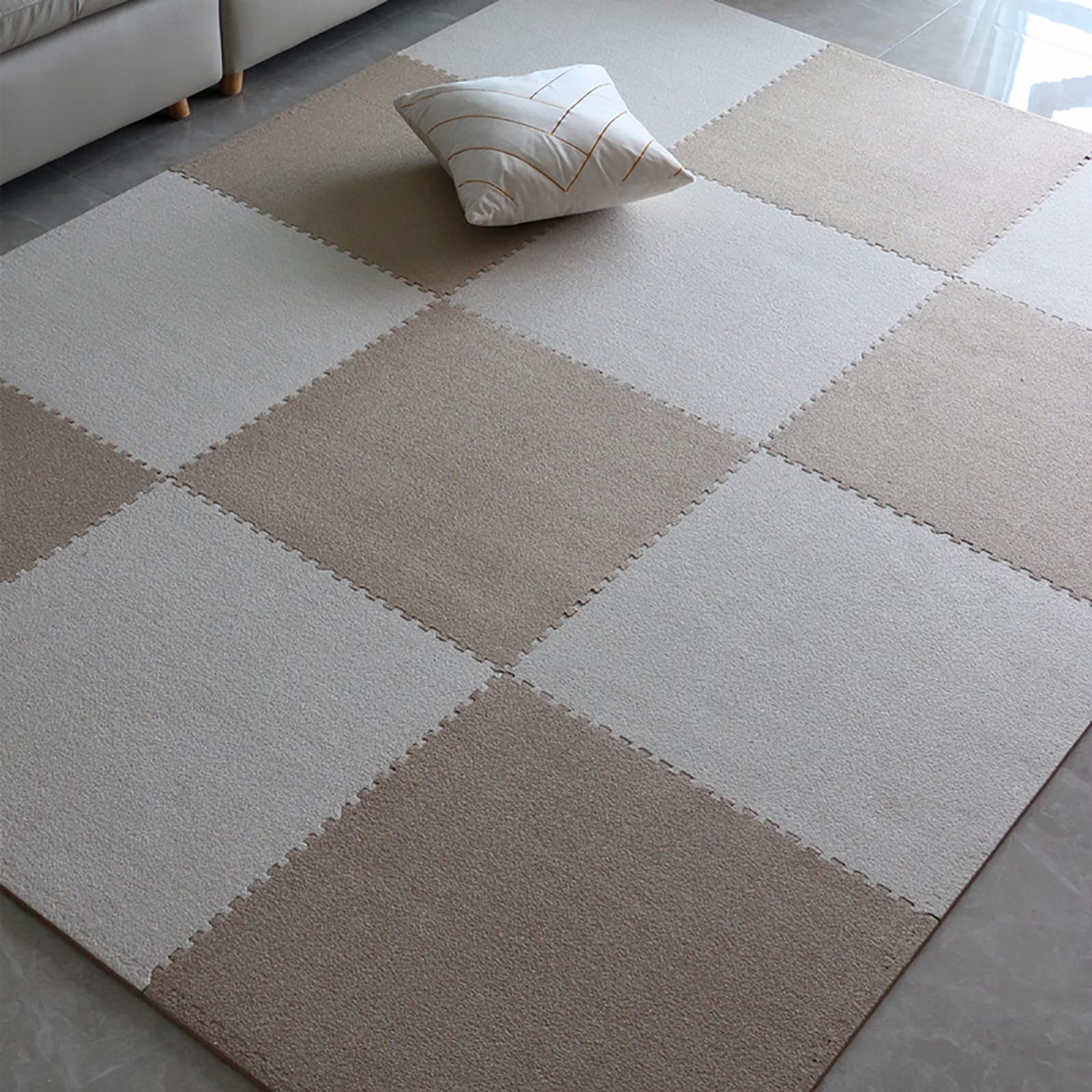 24x24 Inch Square Interlocking Carpet Tiles - Soft Plush Puzzle Floor Mat for Kids Room, Bedroom & Living Room - 12-Piece Non-Slip Area Rug for Exercise, Play & Home Decor (Beige+Khaki) - Perfect for Playrooms, Yoga Mats & Office Flooring