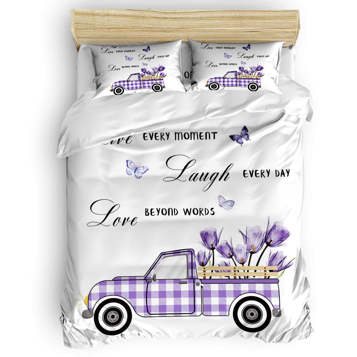 4-Piece King Size Duvet Cover Set with Zipper Closure & Corner Ties - Purple Tulips Butterflies and Truck Design, Includes 2 Pillowcases & Flat Sheet | Farmhouse Floral Bedding for Master Bedroom, Guest Room & Dorm Decor