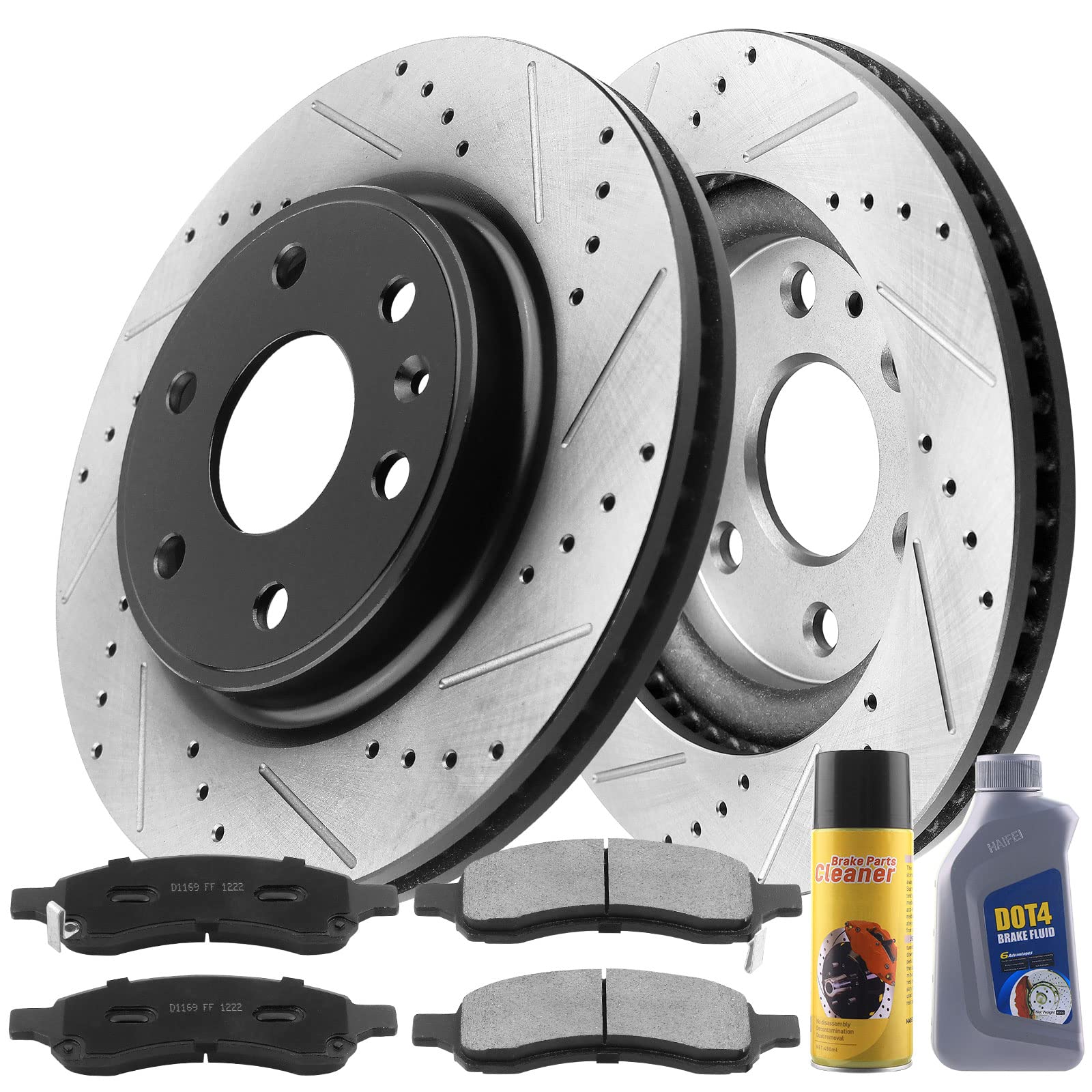 325mm Front Brake Kit with Drilled & Slotted Rotors & Ceramic Pads - Compatible with Buick Enclave, Chevy Traverse, GMC Acadia Limited, Saturn Outlook | Includes DOT4 Brake Fluid & Cleaner | Enhanced Stopping Power for Highway & City Driving