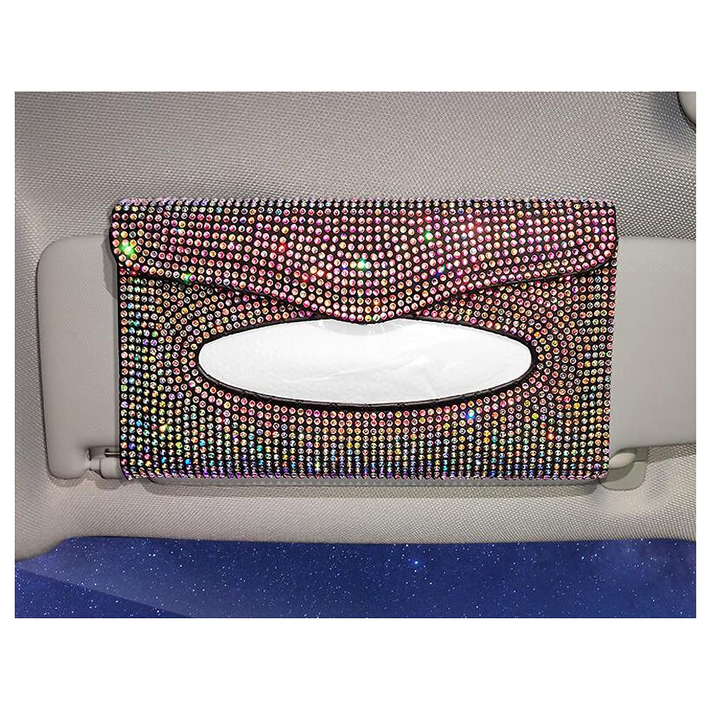 Sparkling Crystal Rhinestone Leather Car Sun Visor Tissue Box Holder - Auto Visor Napkin Holder for Paper Towels & Tissues - Stylish Car Accessory for Road Trips & Daily Commute