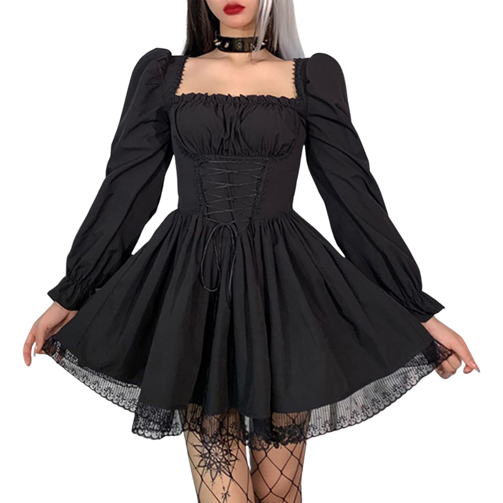 Gothic Punk Short Dress for Women - Elegant Vintage Lolita Black Mini Dress with Lace Trim | A-Line Dark Goth Style for Cosplay, Night Out, Halloween & Alternative Fashion