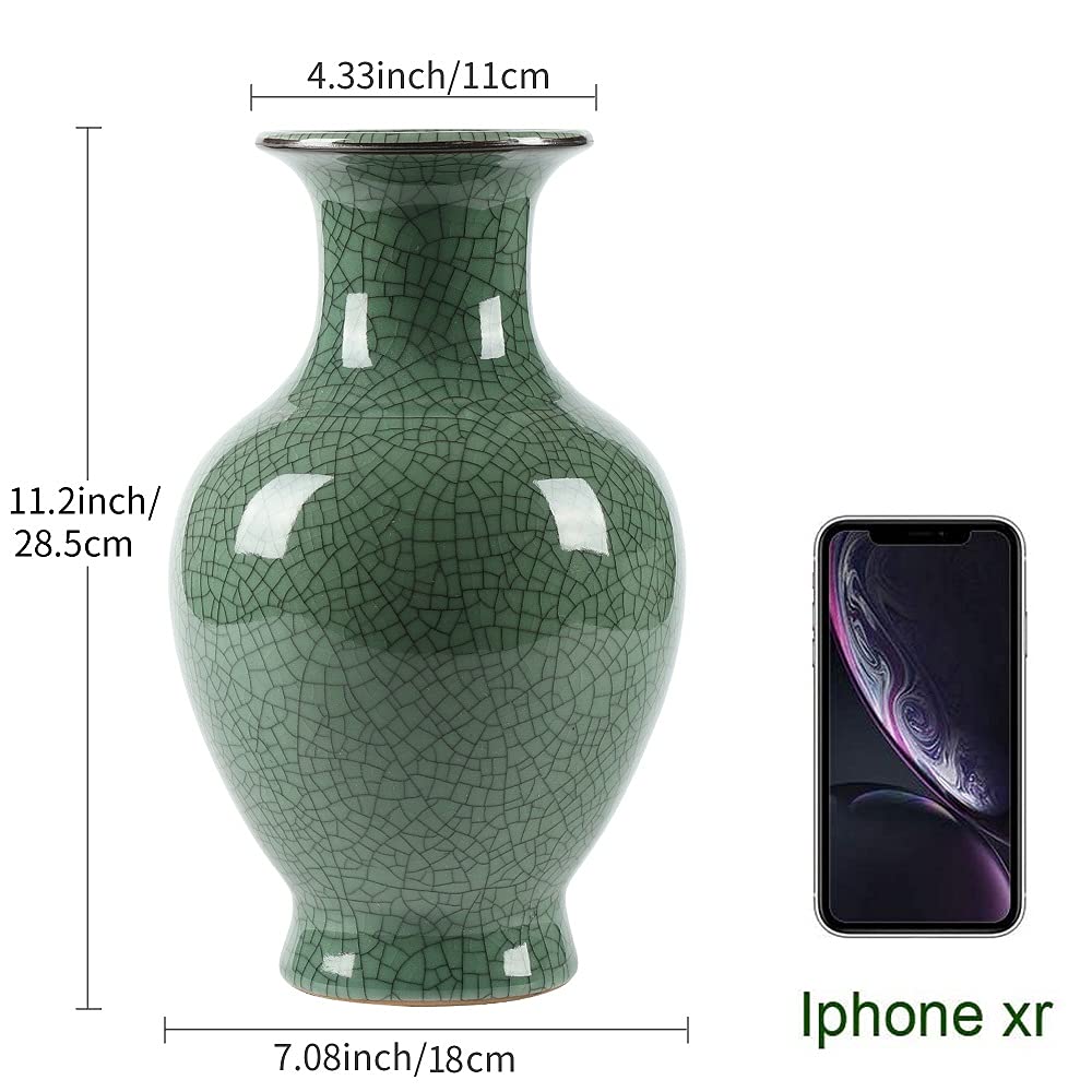 Handmade Antique Chinese Ceramic Vase - Ice Crack Glaze Porcelain Flower Vase for Home Decor, Wedding Centerpiece & Living Room Display (Green, Large)