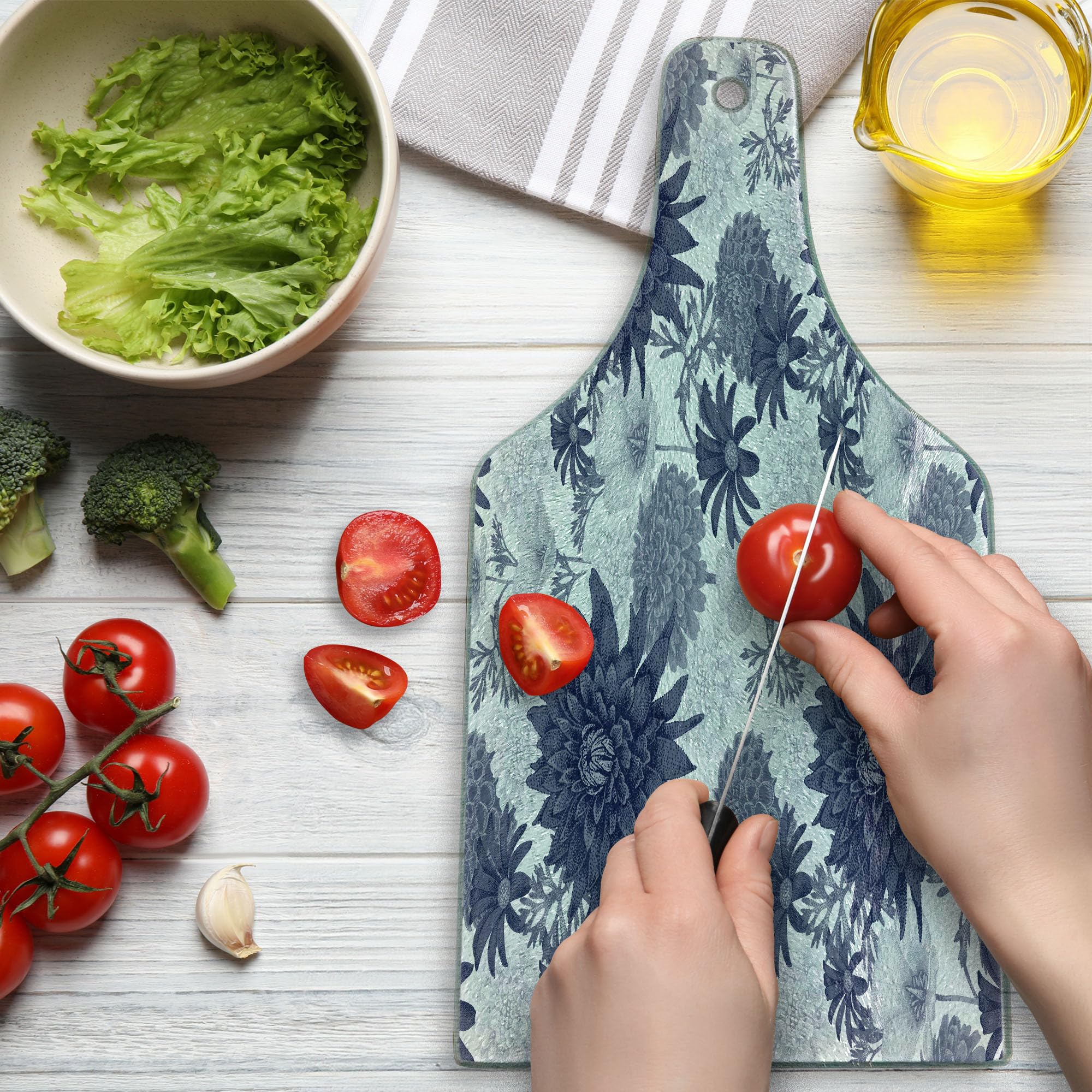 Ambesonne Dahlia Flower Tempered Glass Cutting Board - Decorative Wine Bottle Shape Serving Board with Dotted Digital Paint Design - Blue & White - Perfect for Kitchen, Dining, Party & Gift Giving