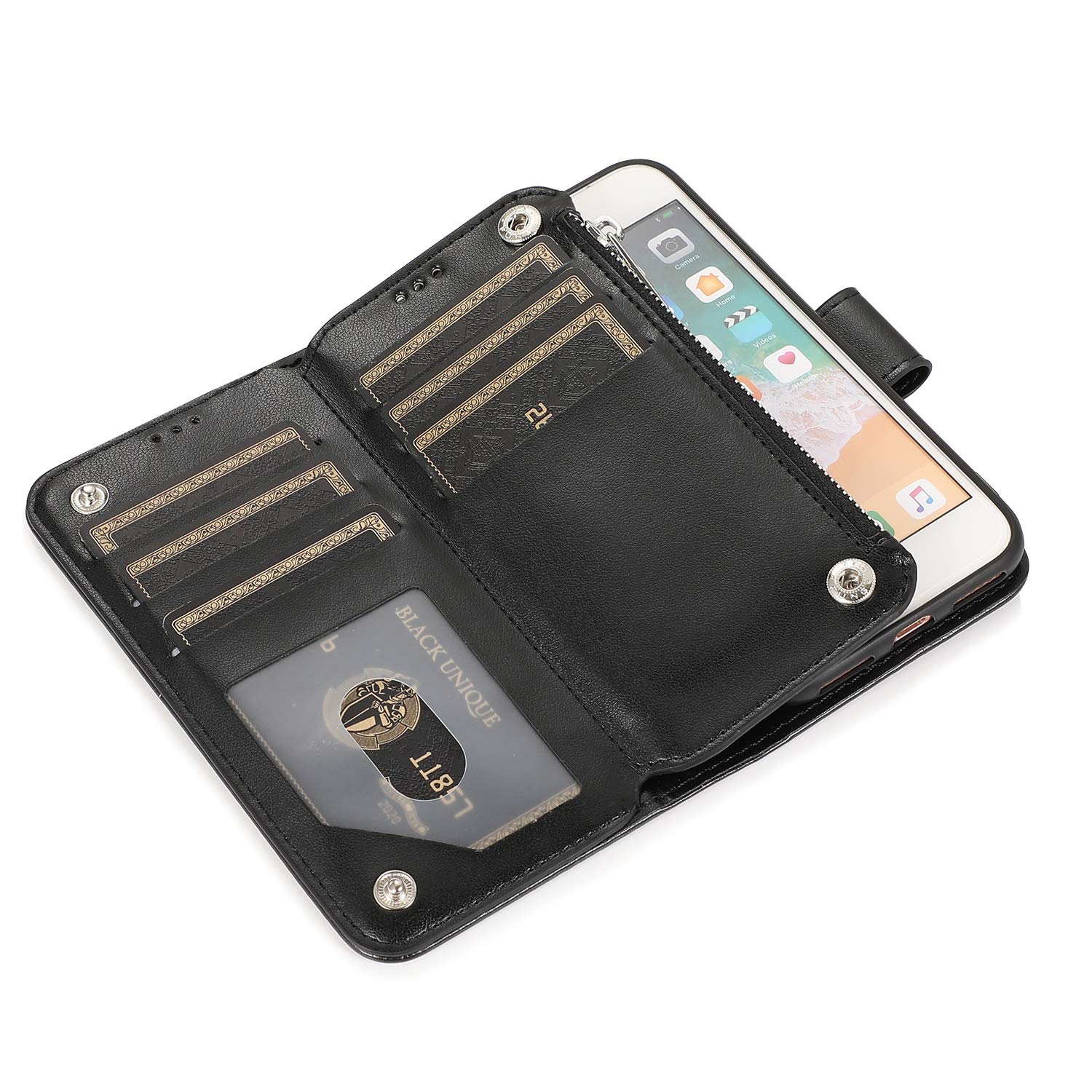 Premium PU Leather Magnetic Wallet Case for iPhone SE 2022/SE3/iPhone 8/iPhone 7/iPhone SE 2020/SE2 - Shockproof Flip Cover with Zipper Pocket, Card Slots & Kickstand (Black) | Perfect for Travel, Work & Everyday Use
