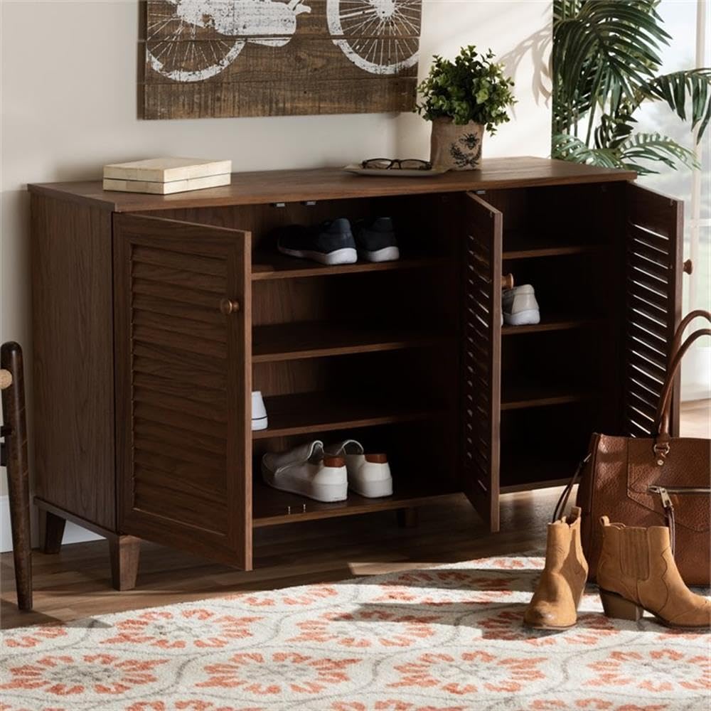 Baxton Studio Coolidge Modern 8-Shelf Wooden Shoe Storage Cabinet - Walnut Finish, Contemporary Shoe Organizer for Entryway, Bedroom & Closet Organization