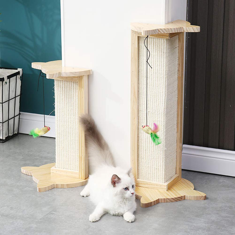 WAYUTO Solid Wood Cat Scratching Post - Sisal Covered Vertical Cat Scratcher for Large Cats, Durable Corner Scratcher with Cat Toys (White, 9.8