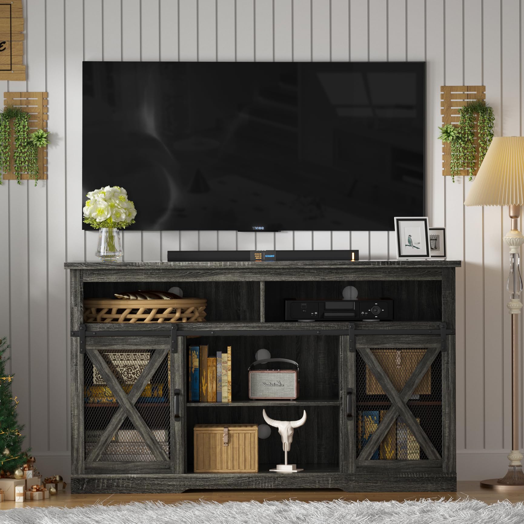 Farmhouse TV Stand for 65 Inch TV - Rustic Entertainment Center with Sliding Barn Doors, Storage Cabinet for Living Room & Bedroom - Grey - Perfect for Cozy Home Decor & Media Organization