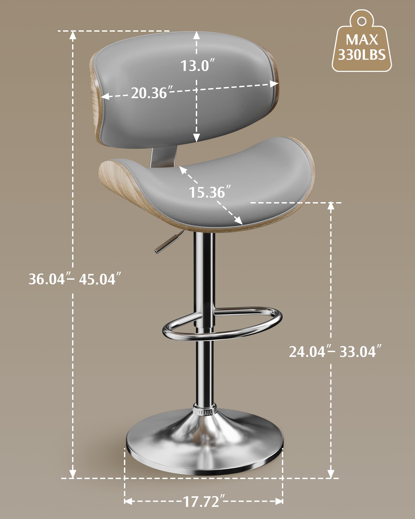 2 Pack Adjustable Swivel Leather Bar Stools - Mid Century Modern Counter Height Bar Chairs with Backrest & Footrest for Kitchen Island, Breakfast Nook or Home Bar (Grey)