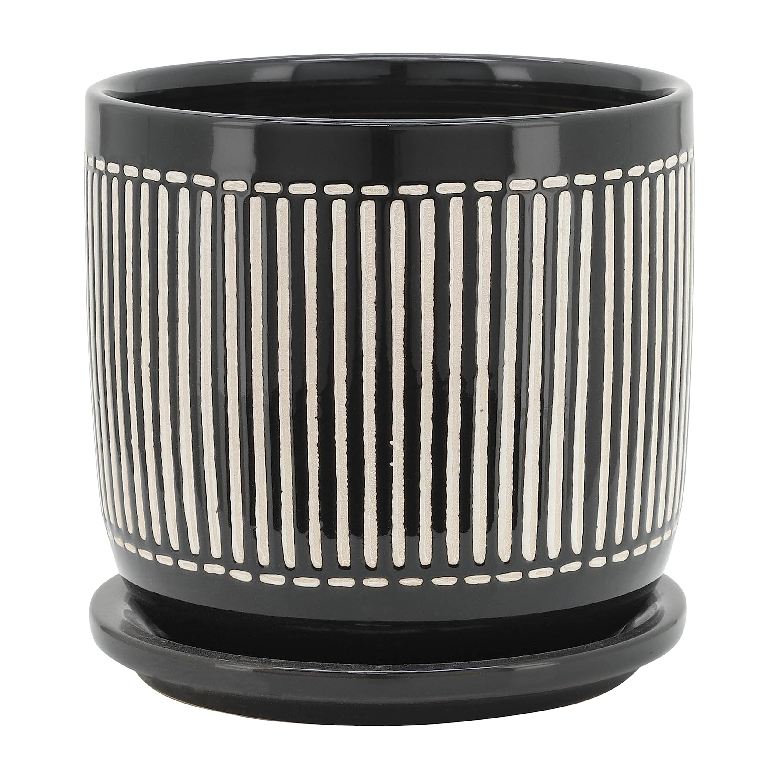 Modern Ceramic Planter Set with Saucers - Durable Stoneware Indoor Outdoor Plant Pots - Striped Design Flower Pots for Home Garden Decor - Set of 2 Black - Perfect for Living Room, Patio, and Office Decor